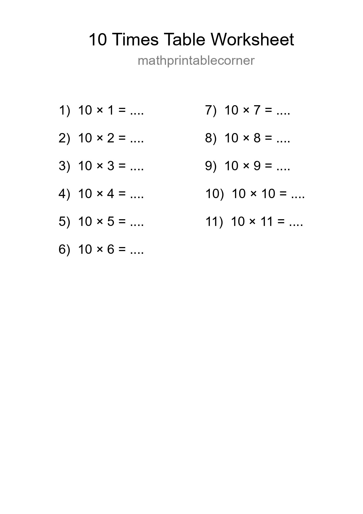 10 Times Table Worksheet For Grade 3 - Part 64