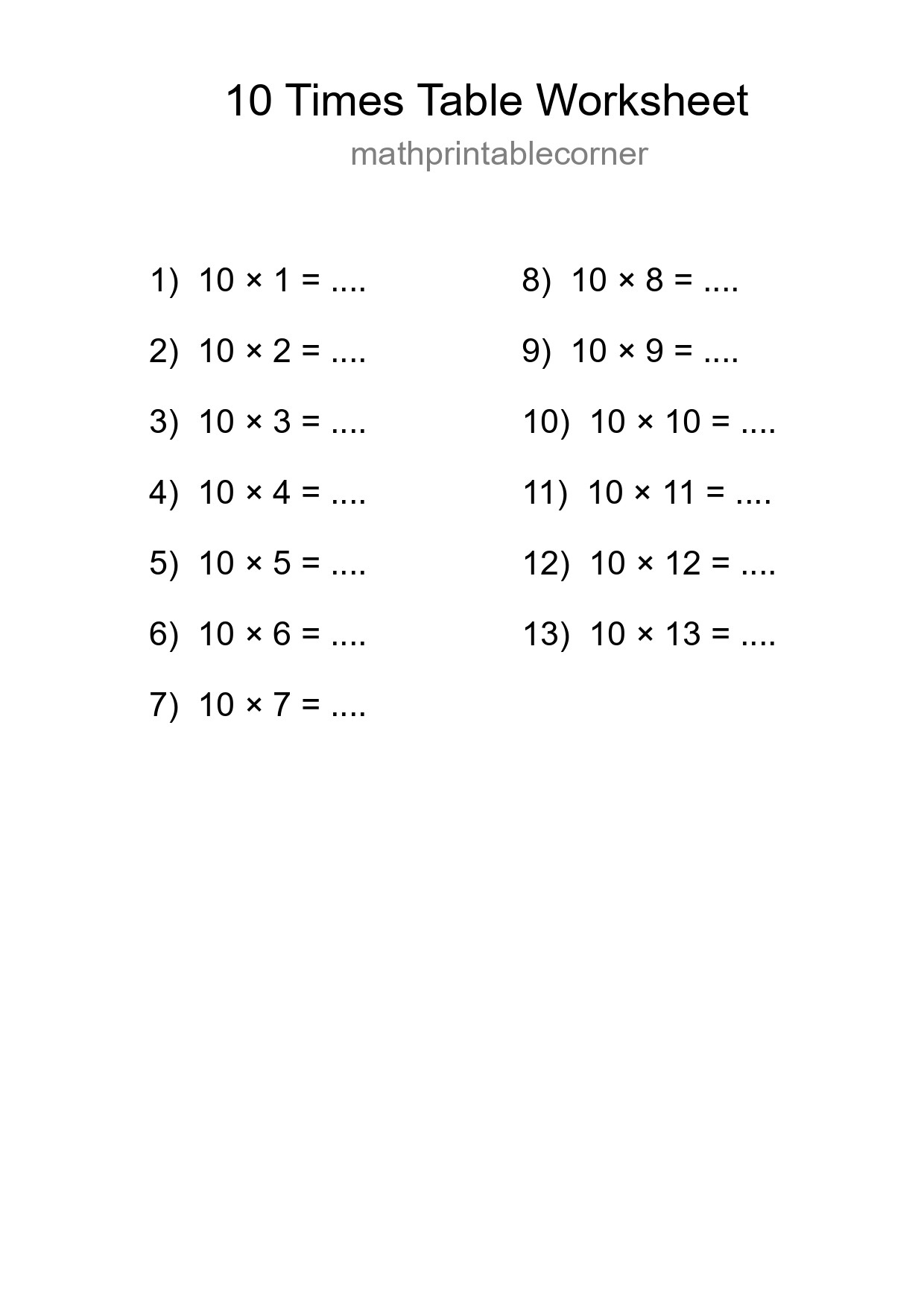 10 Times Table Worksheet For Grade 3 With Answers - Part 185
