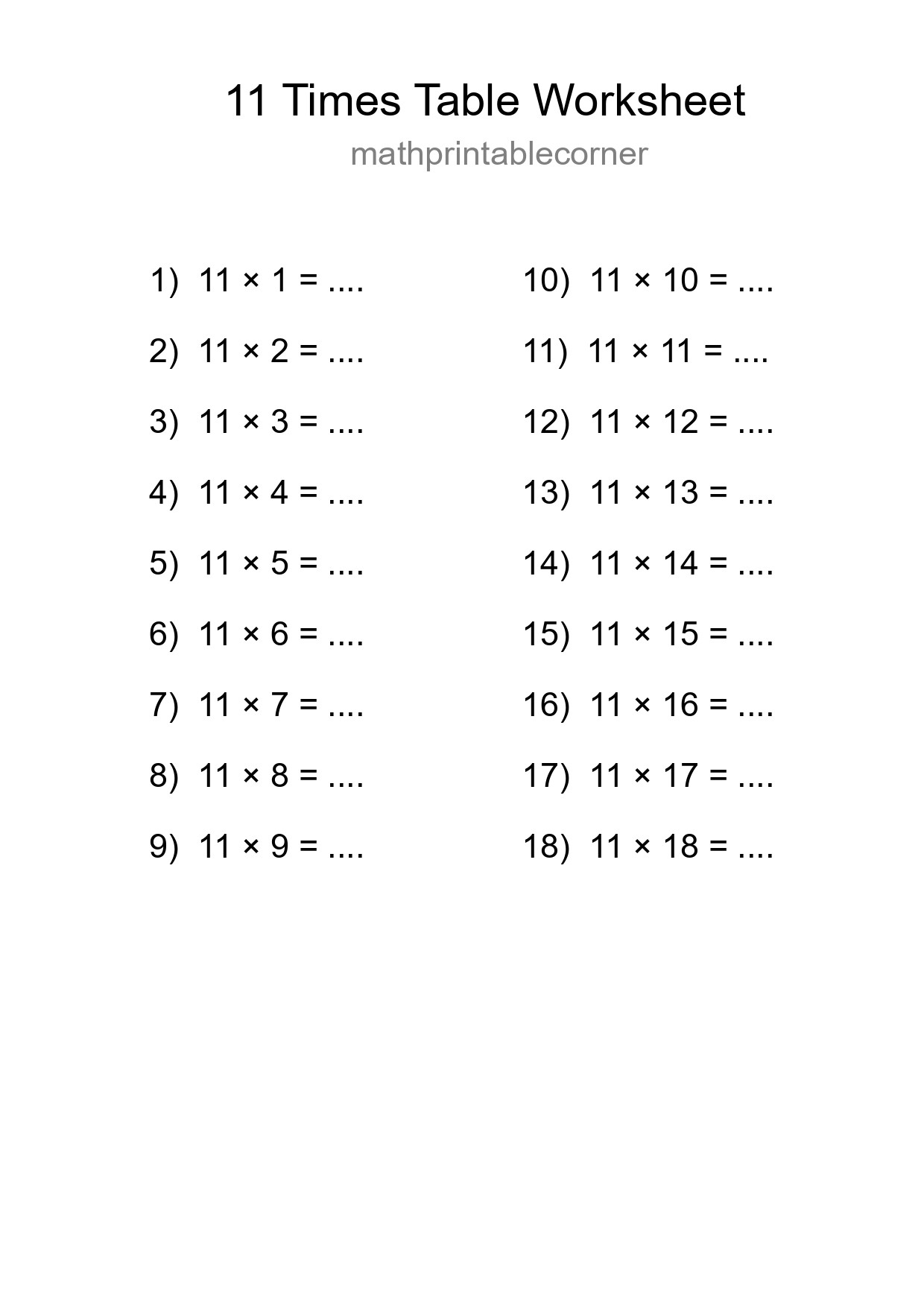 11 Times Table Worksheet For Grade 4 - Part 20