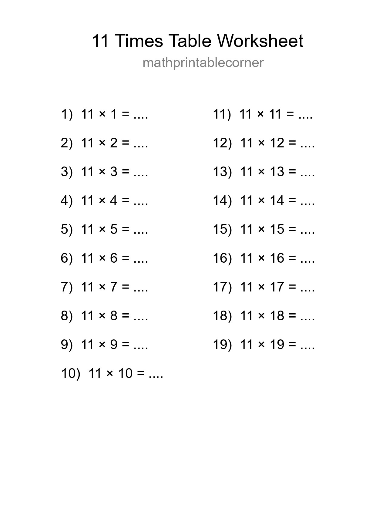 11 Times Table Worksheet For Grade 4 With Answers - Part 97