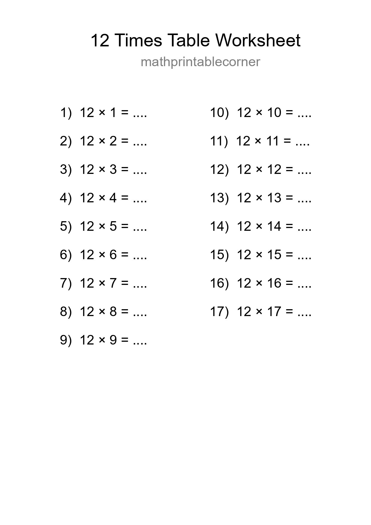 12 Times Table Worksheet For Grade 4 - Part 152