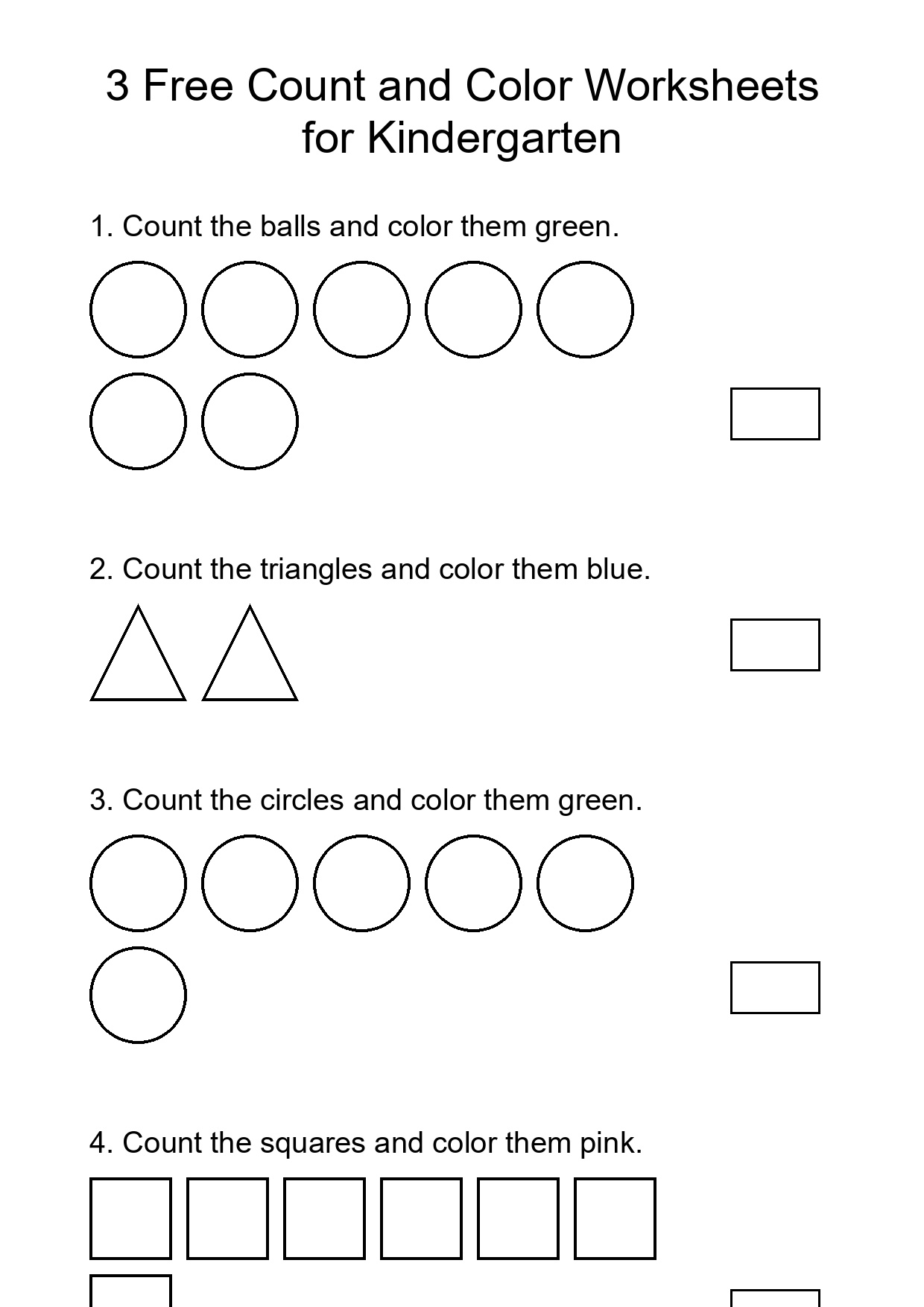 3 Free Count and Color Worksheets for Kindergarten