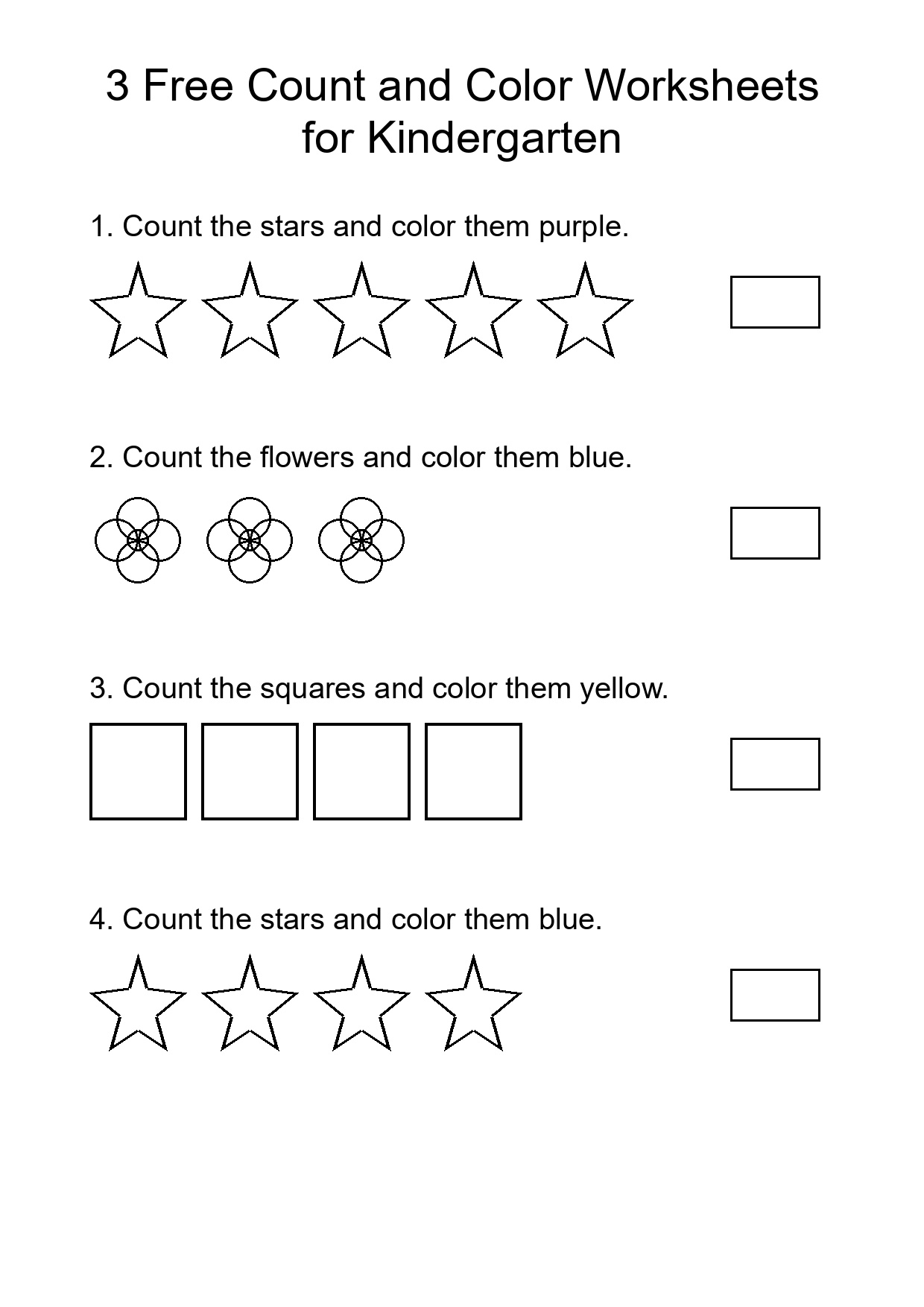 3 Free Count and Color Worksheets for Kindergarten