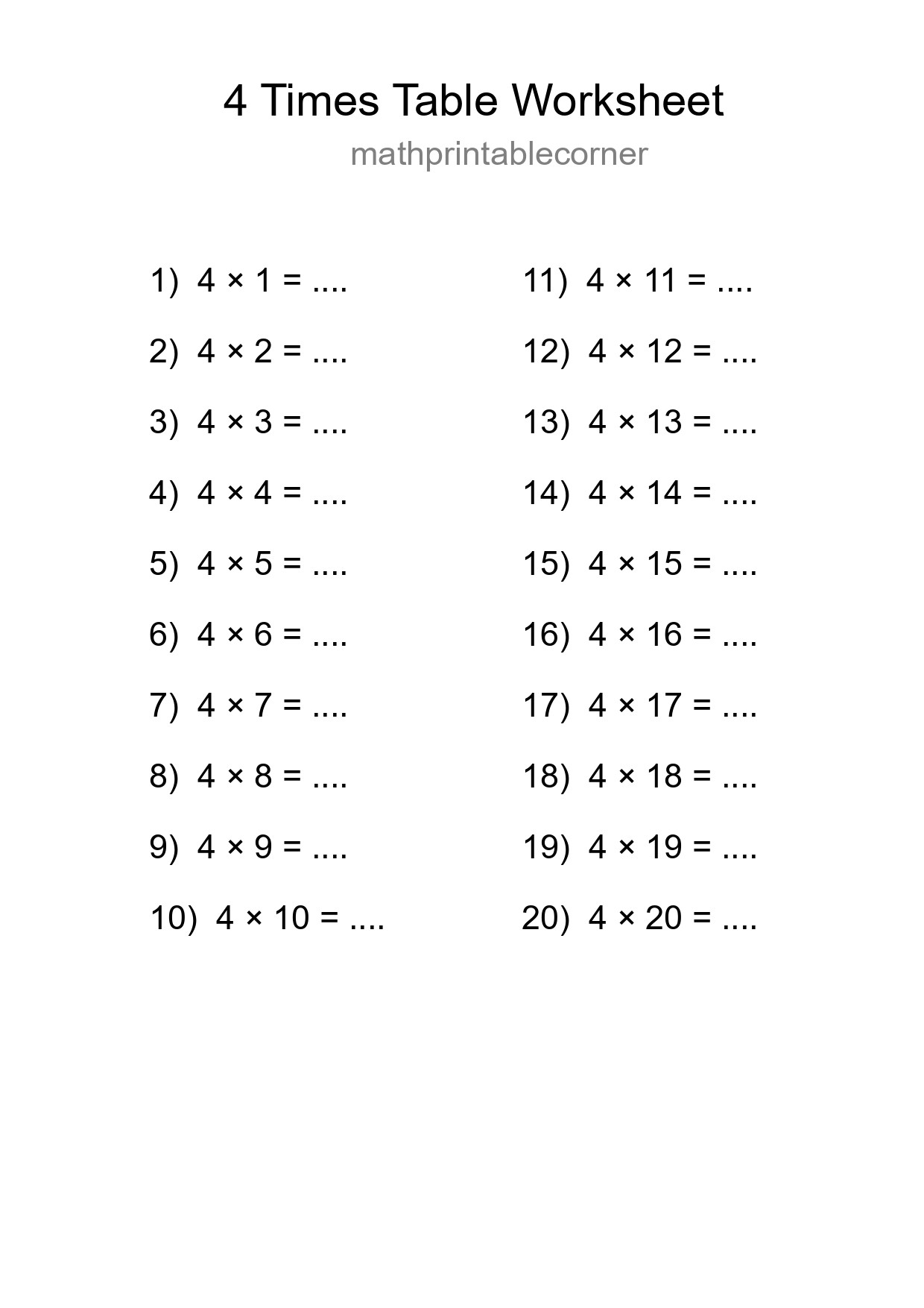 4 Times Table Worksheet For Grade 2 With Answers - Part 75