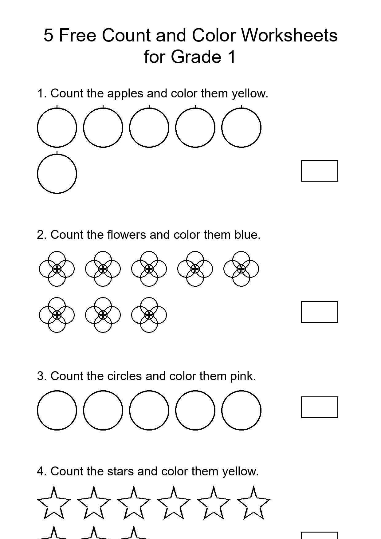 5 Free Count and Color Worksheets for Grade 1