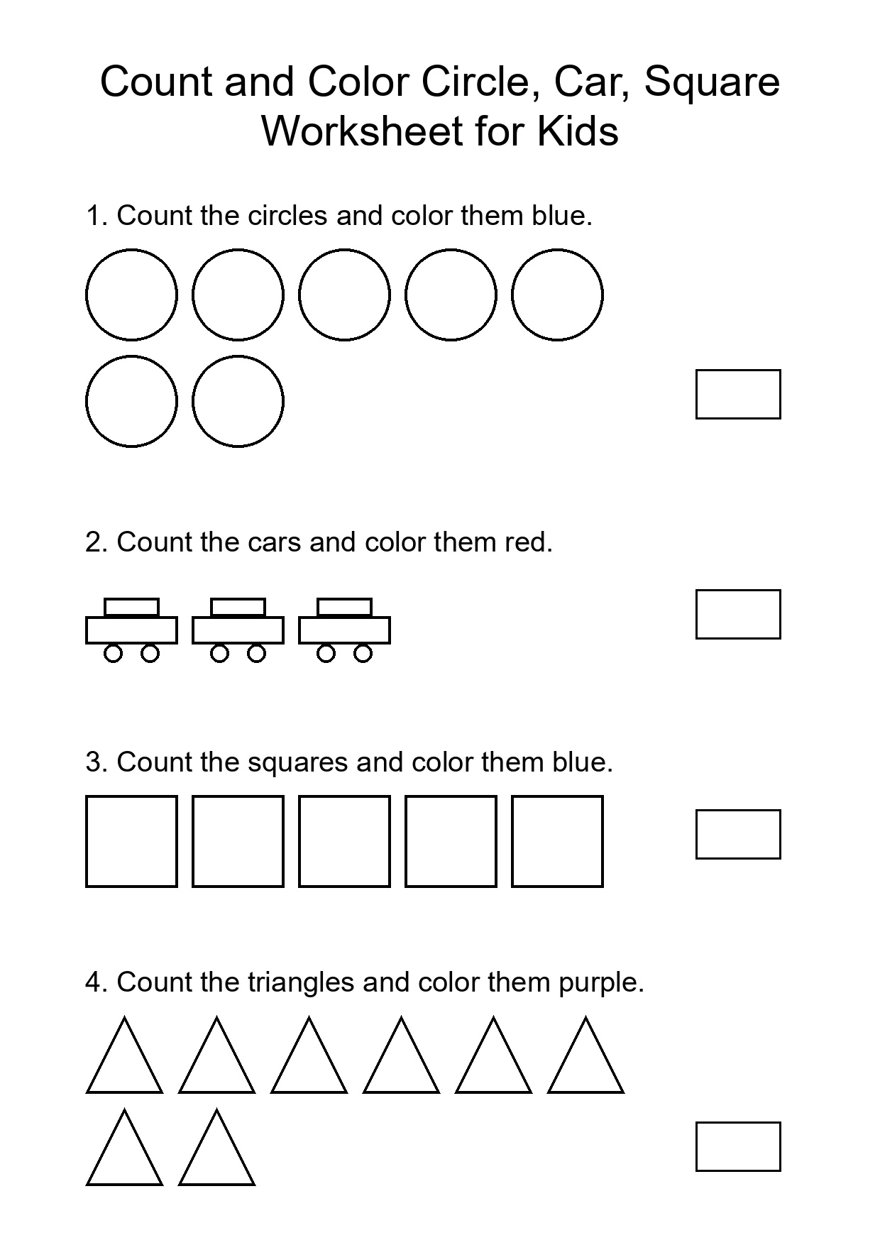 Count and Color Circle, Car, Square Worksheet for Kids
