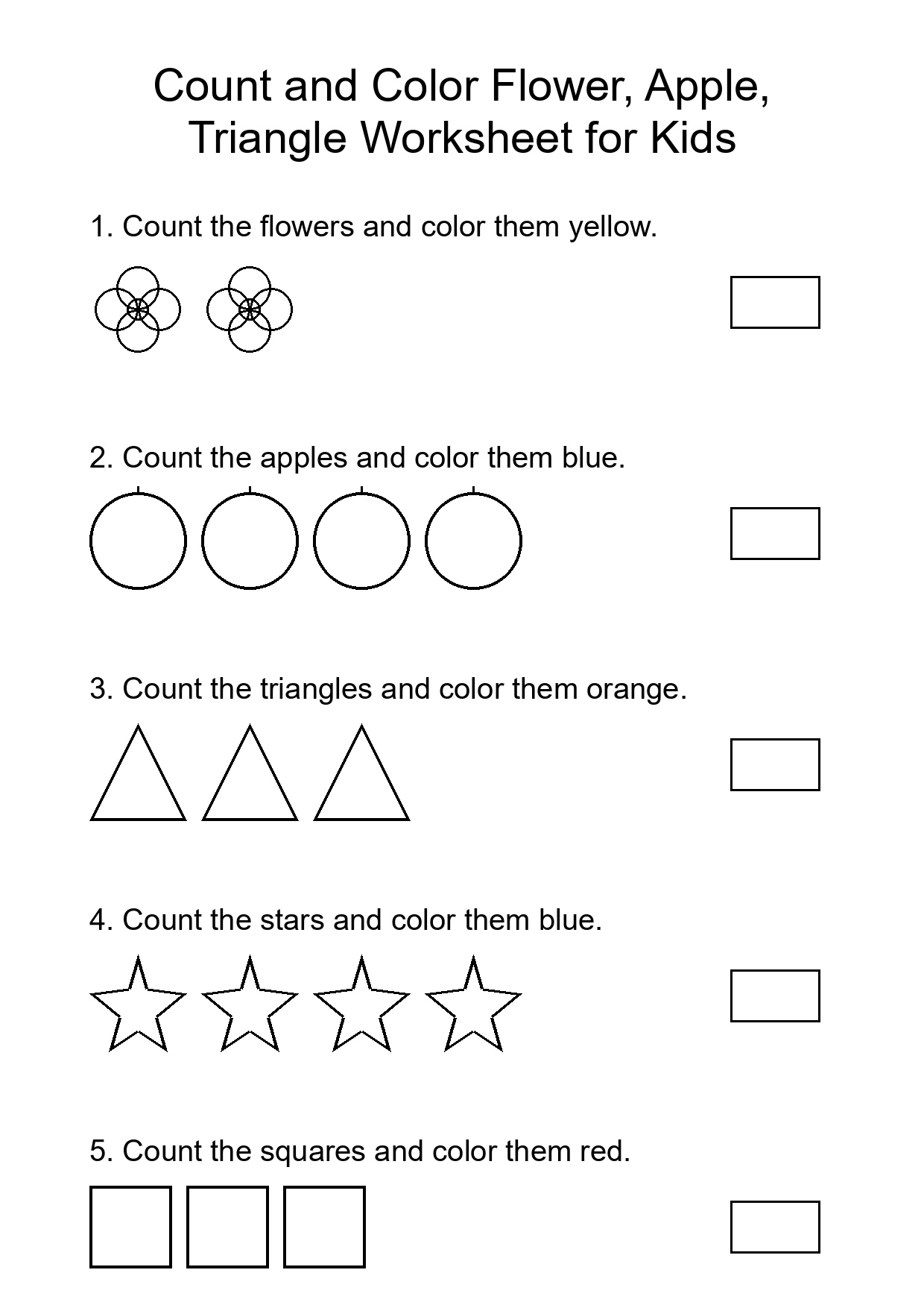 Count and Color Flower, Apple, Triangle Worksheet for Kids