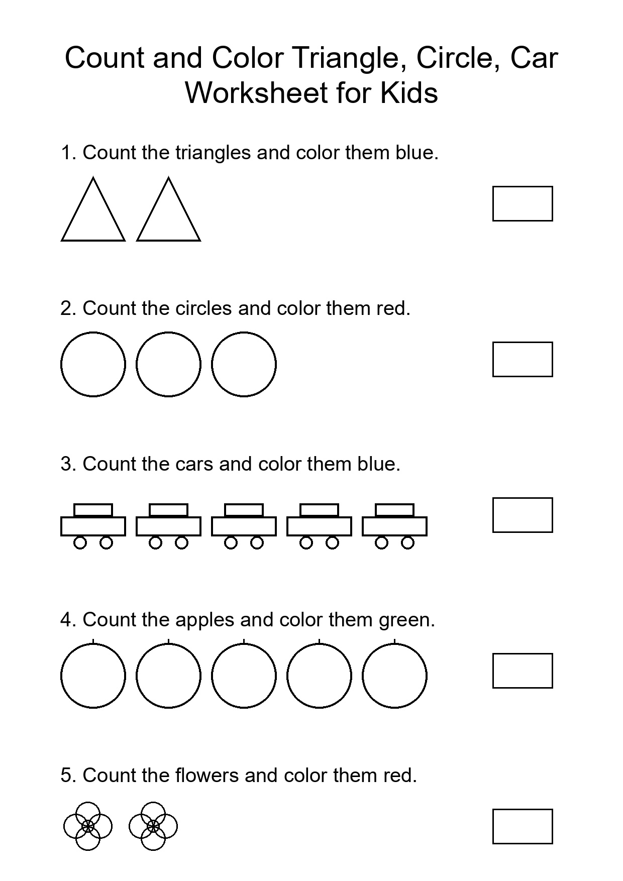 Count and Color Triangle, Circle, Car Worksheet for Kids