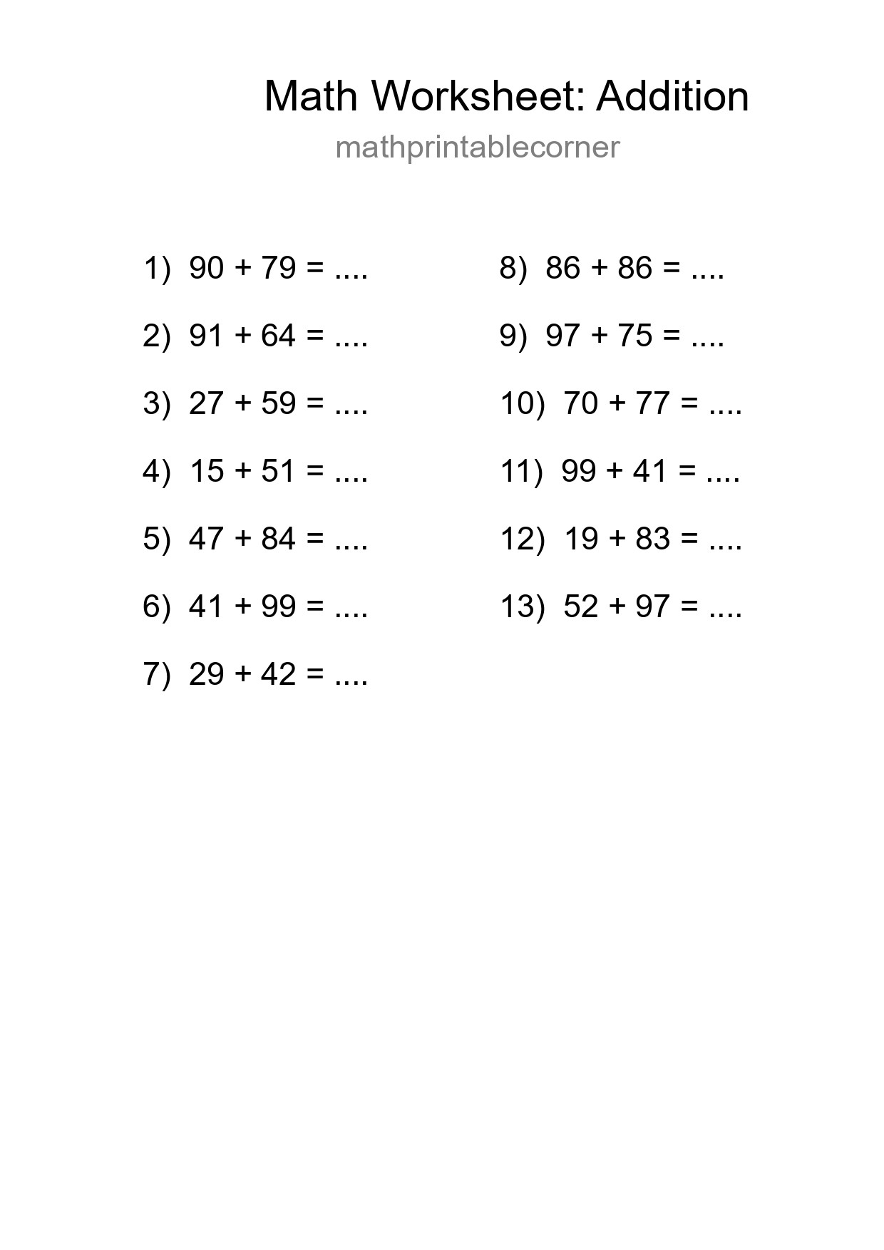 Free 13 Addition Math Worksheet For Grade 3 With Answers - Part 287