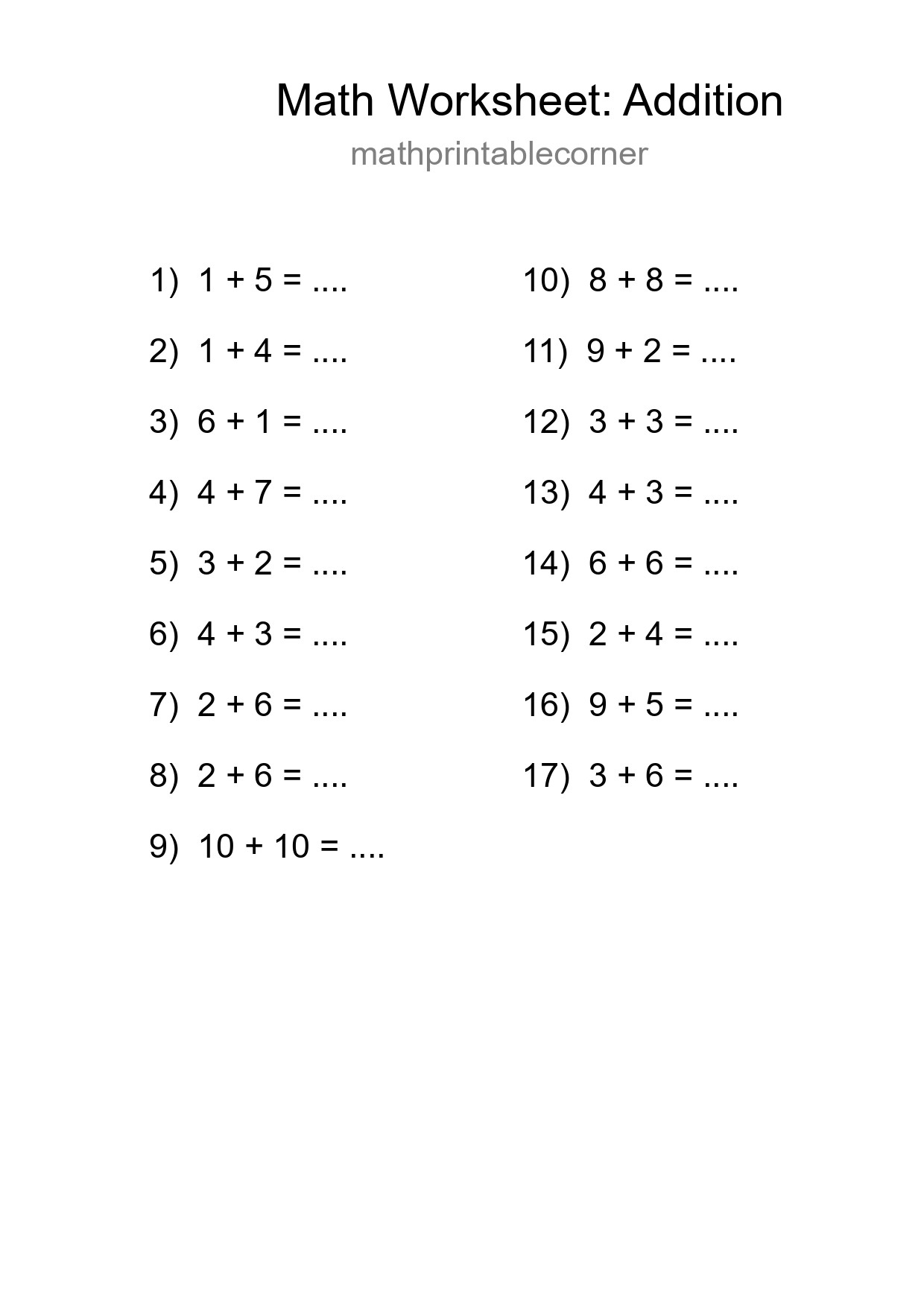 Free 17 Addition Math Worksheet For Grade 1 - Part 133
