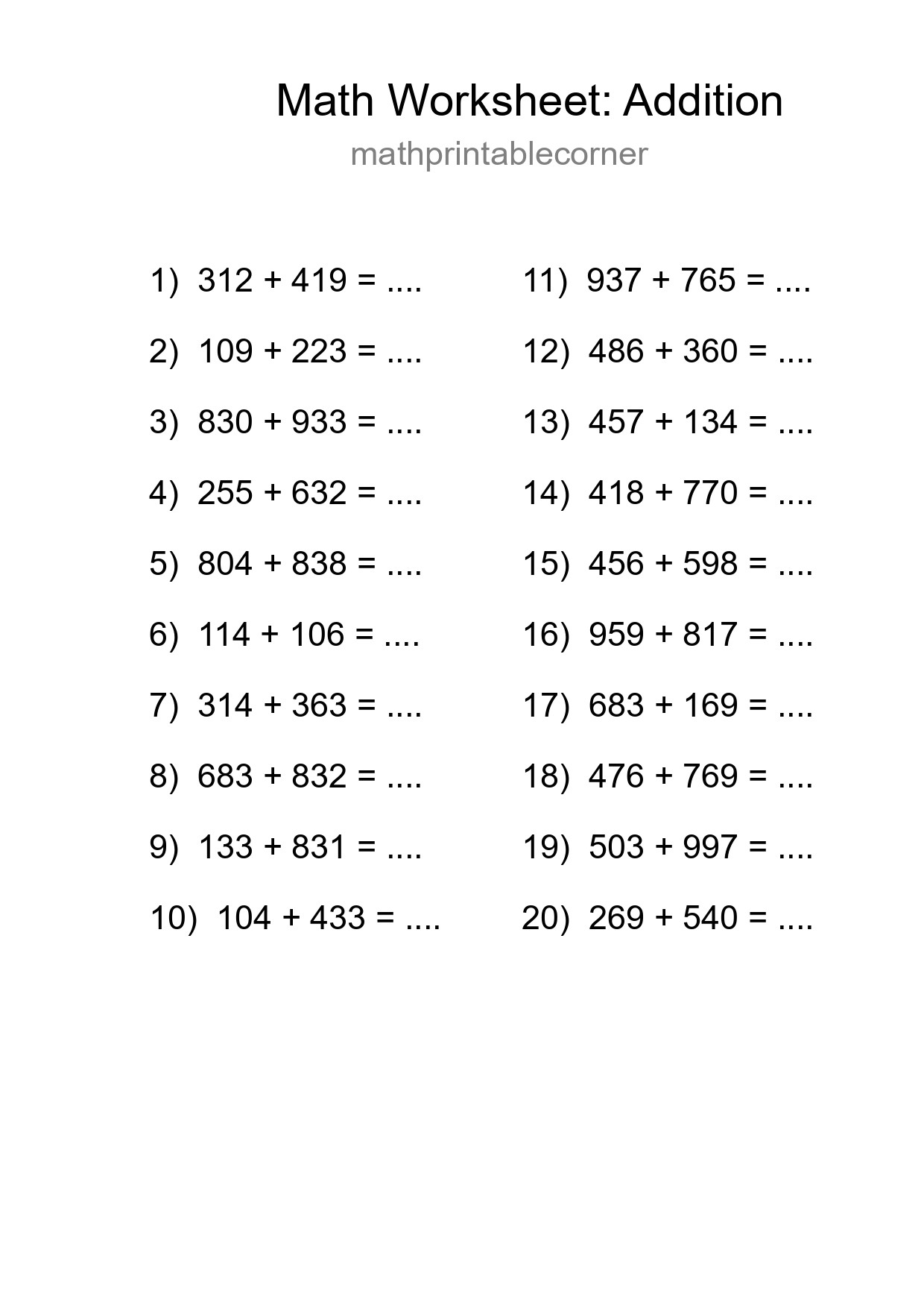 Free 20 Addition Math Worksheet For Grade 5 With Answers - Part 166