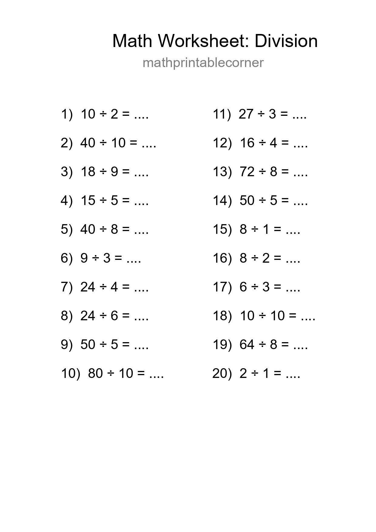 Free 20 Division Math Worksheet For Grade 1 - Part 136