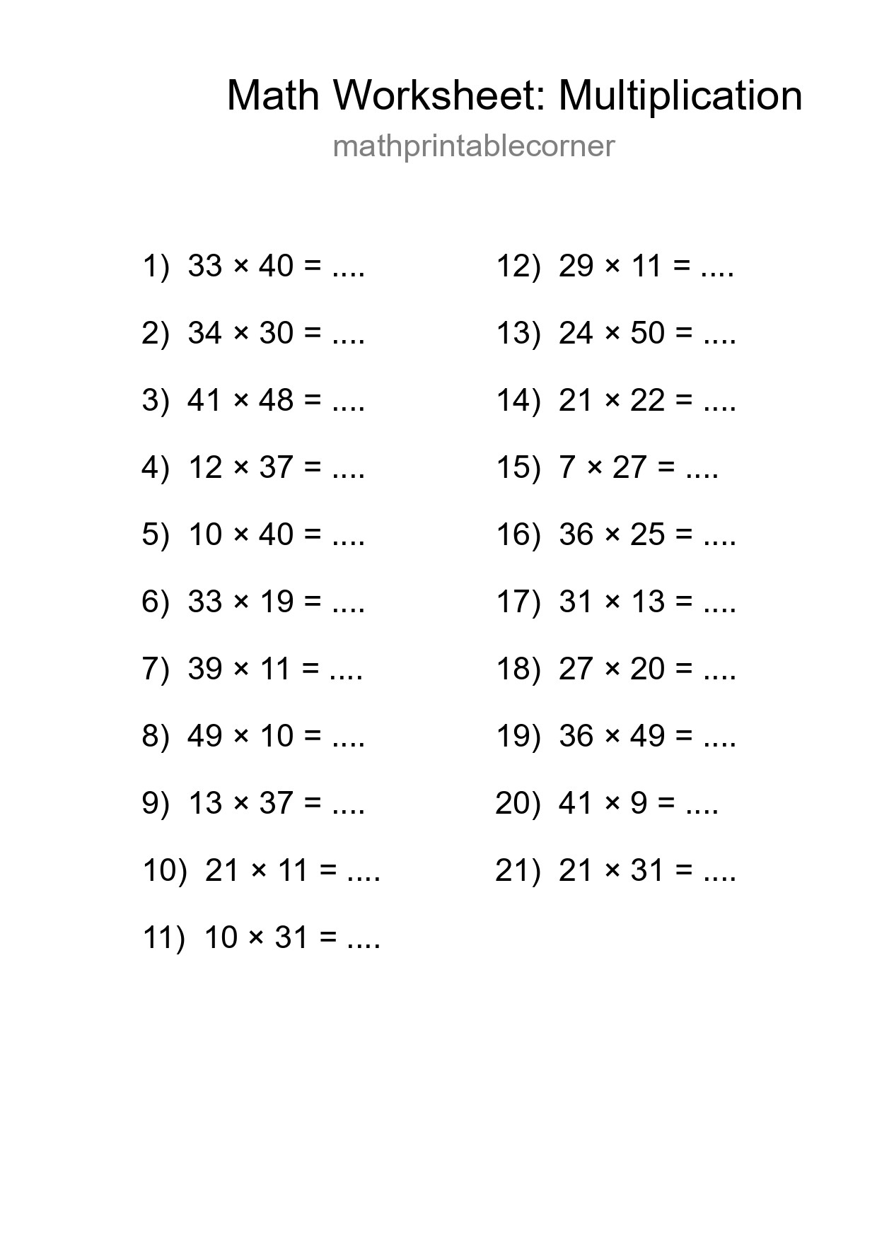 Free 21 Multiplication Math Worksheet For Grade 2 - Part 271