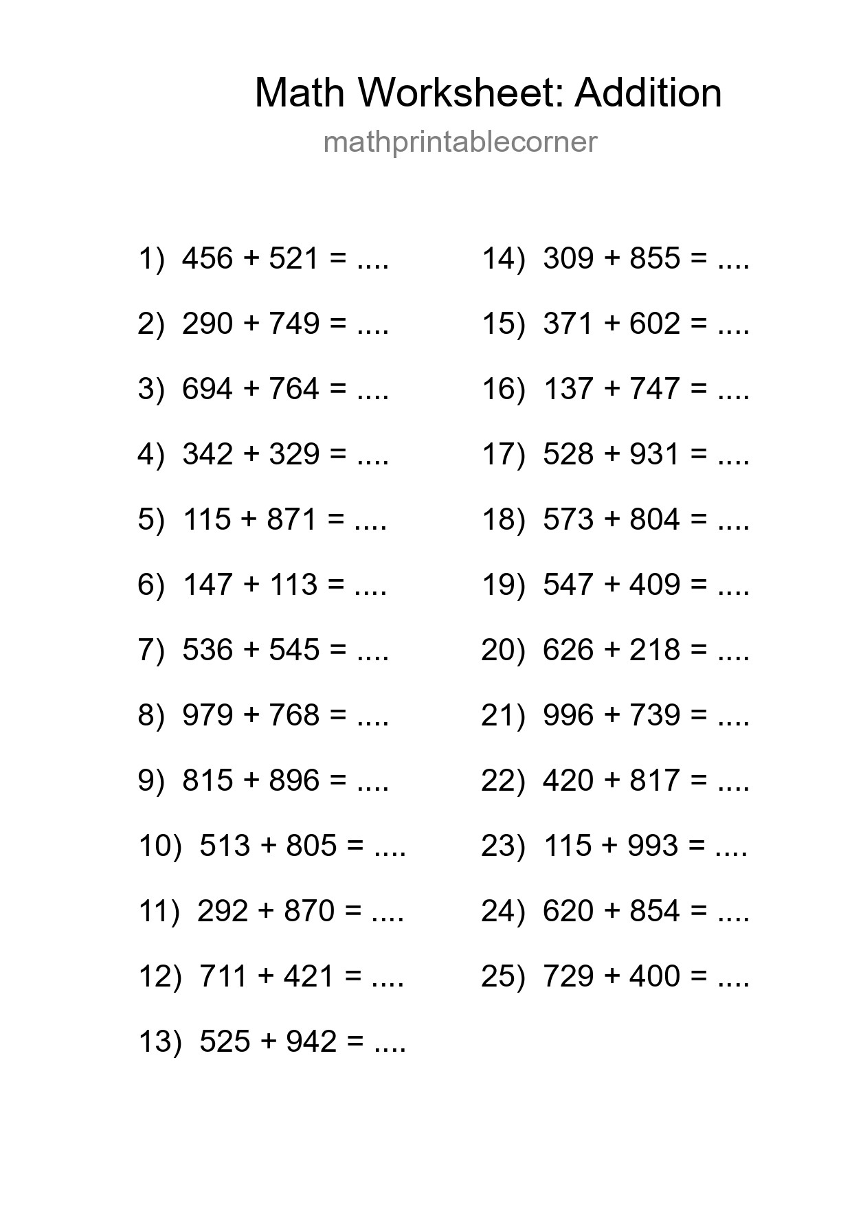 Free 25 Addition Math Worksheet For Grade 5 With Answers