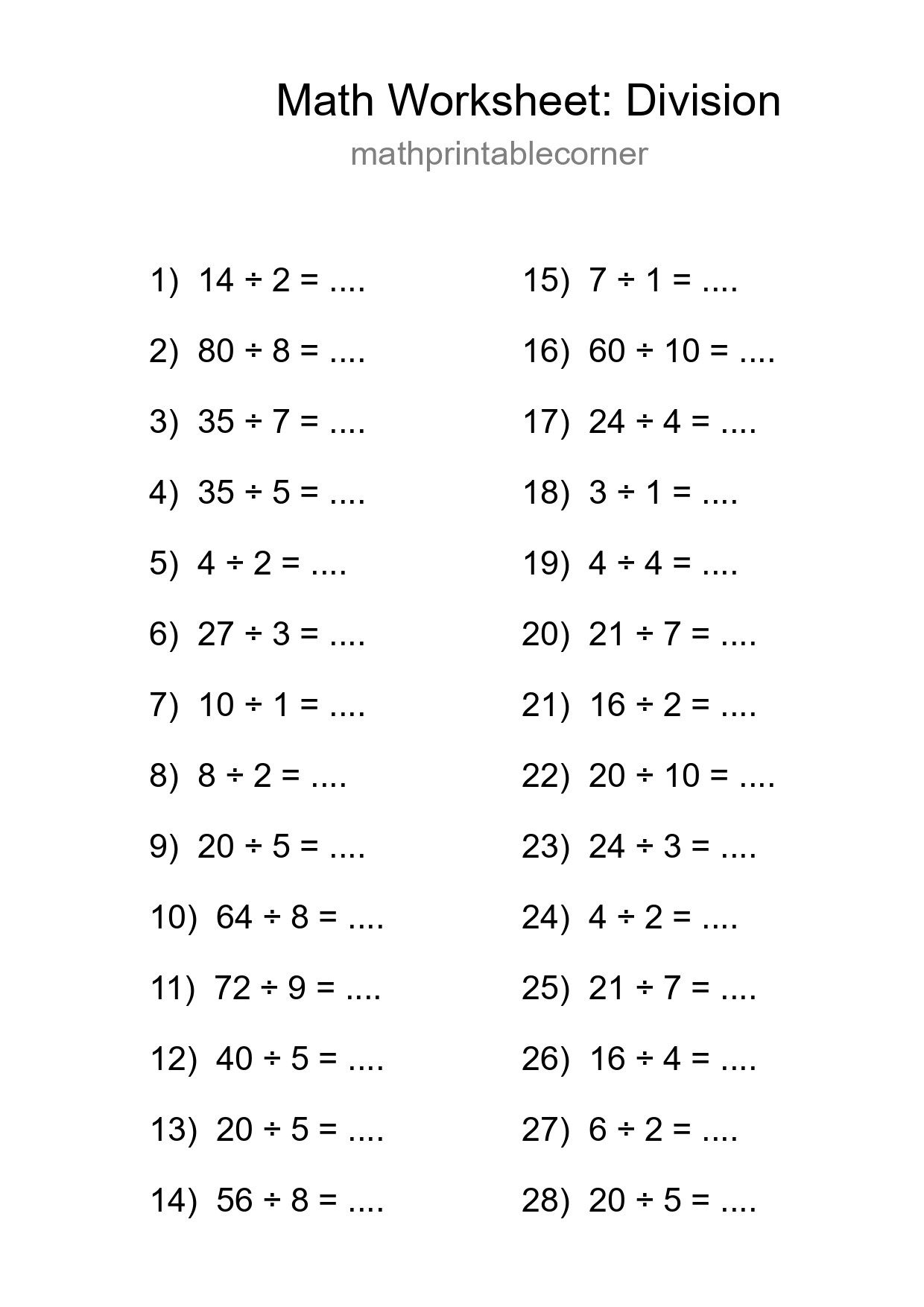 Free 28 Division Math Worksheet For Grade 1 With Answers - Part 202