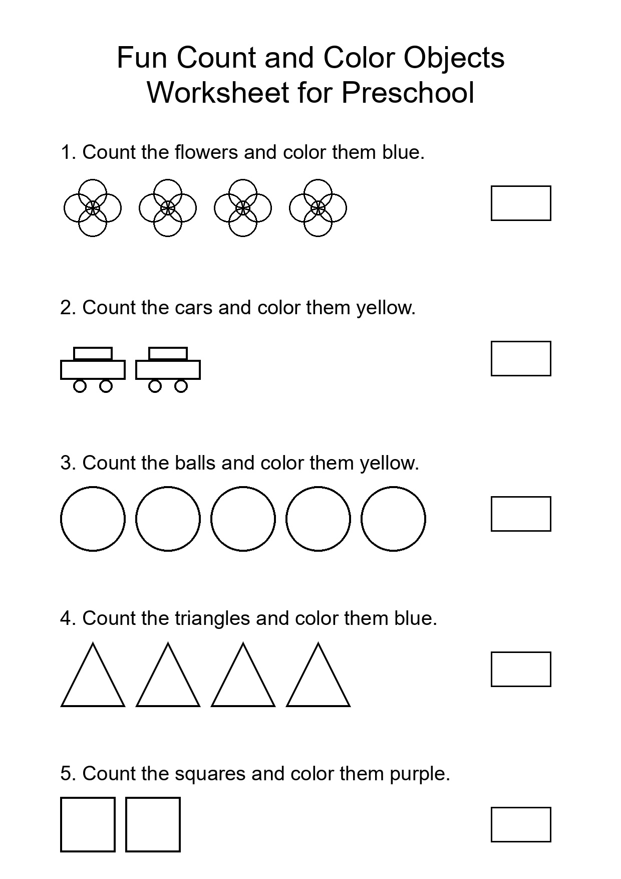 Fun Count and Color Objects Worksheet for Preschool