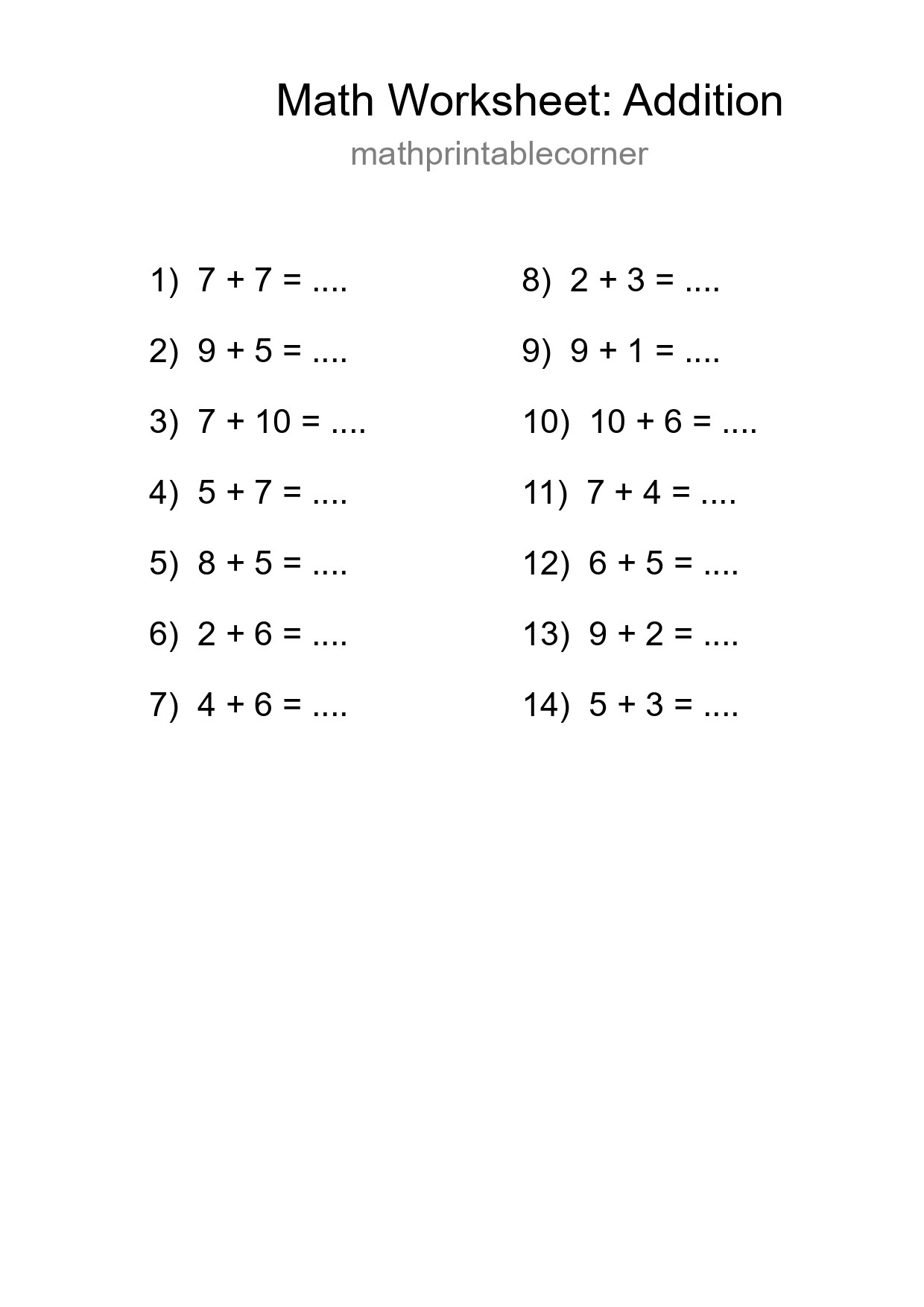 Grade 1 Addition Practice Worksheet (14 Problems) - Part 276
