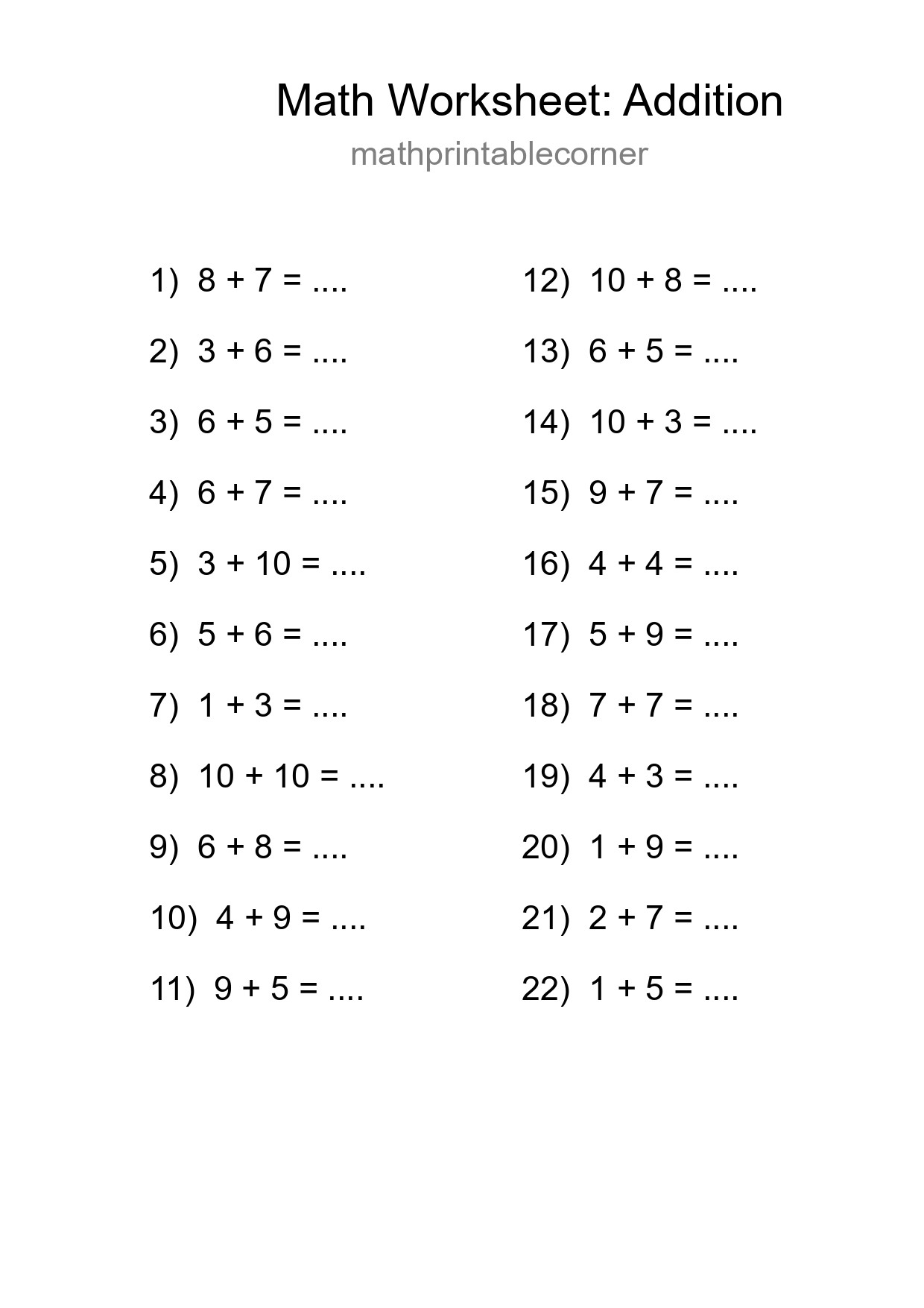 Grade 1 Addition Practice Worksheet (22 Problems) - Part 221