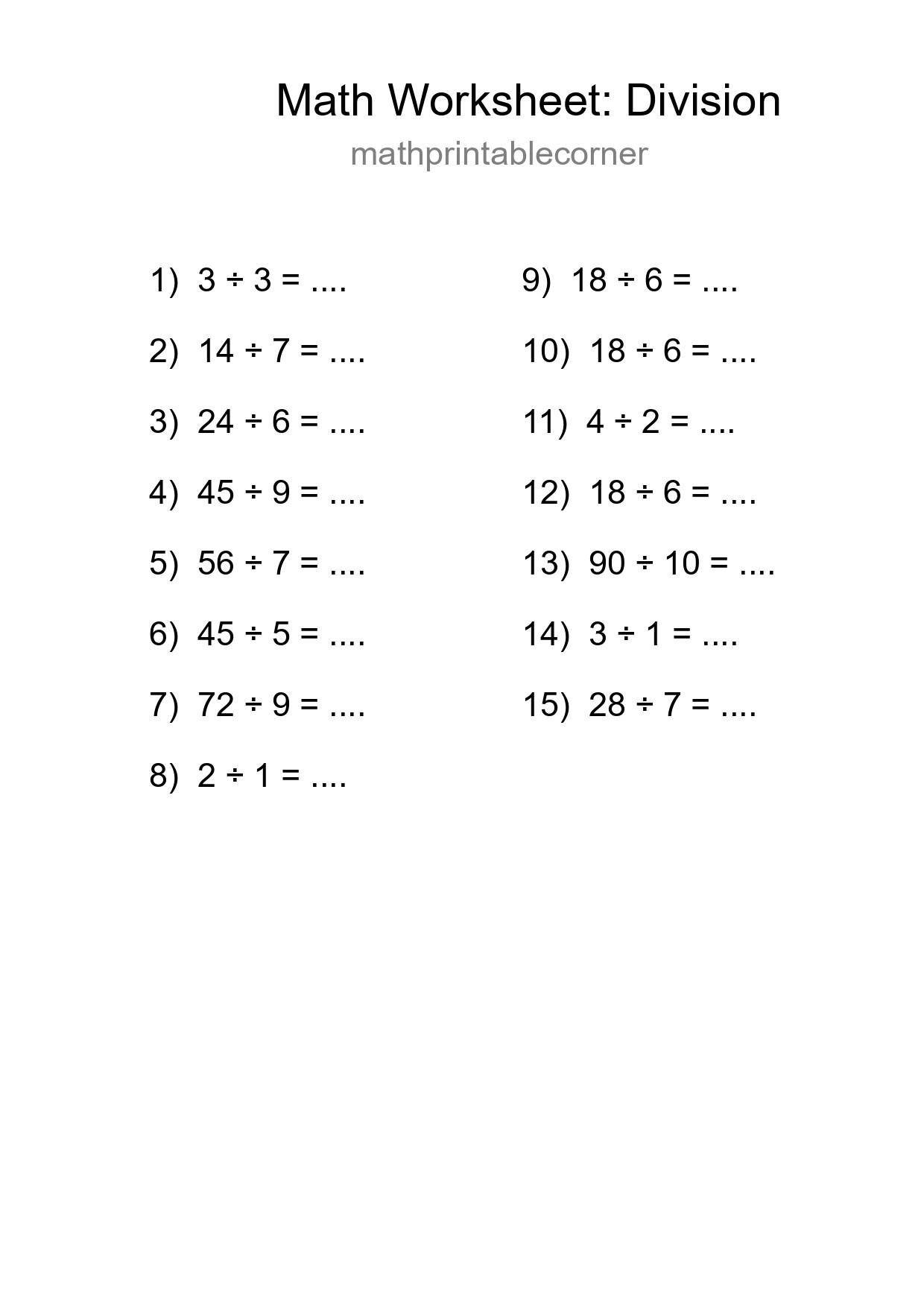 Grade 1 Division Practice Worksheet (15 Problems) - Part 103