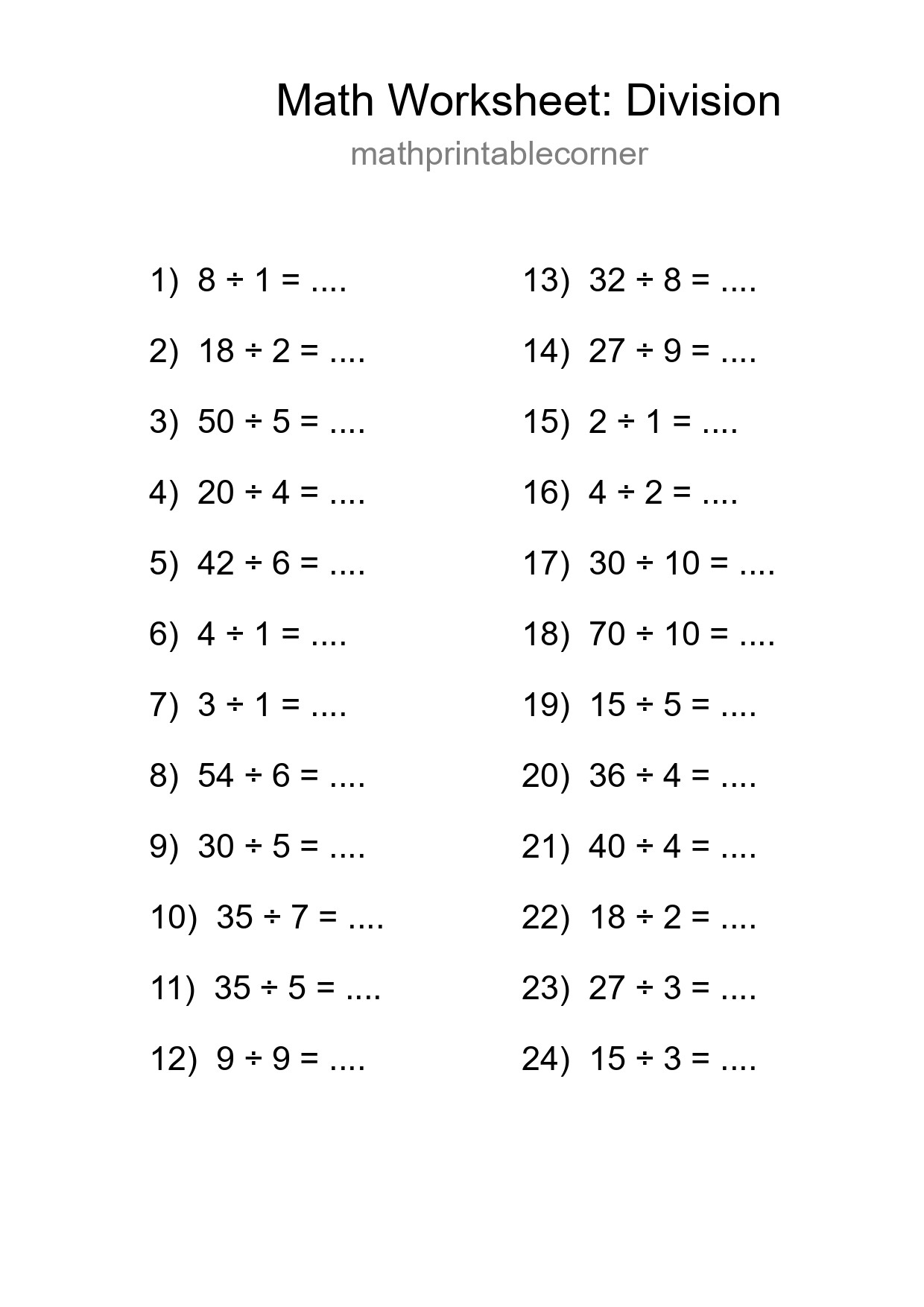 Grade 1 Division Practice Worksheet (24 Problems) - Part 59