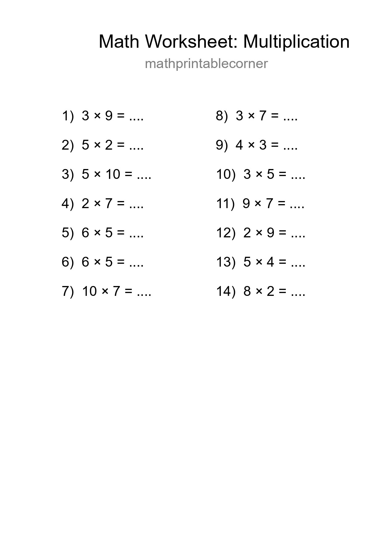 Grade 1 Multiplication Practice Worksheet (14 Problems) - Part 7