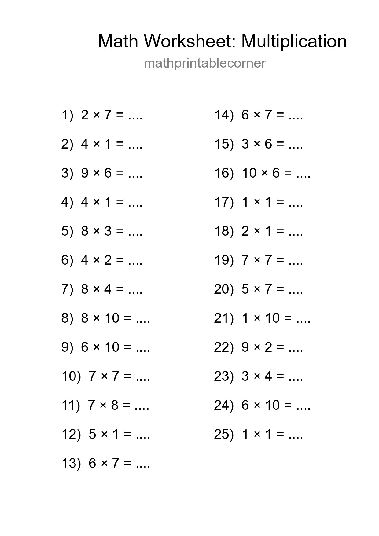 Grade 1 Multiplication Practice Worksheet (25 Problems) - Part 172