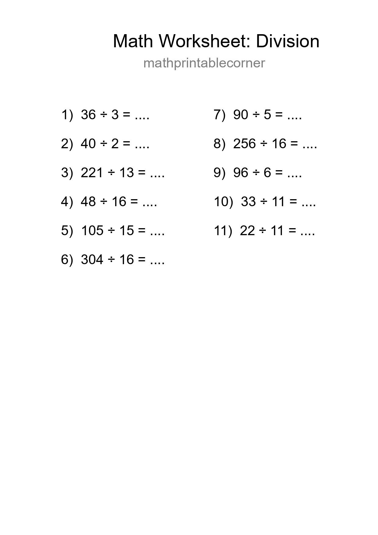 Grade 2 Division Practice Worksheet (11 Problems) - Part 257