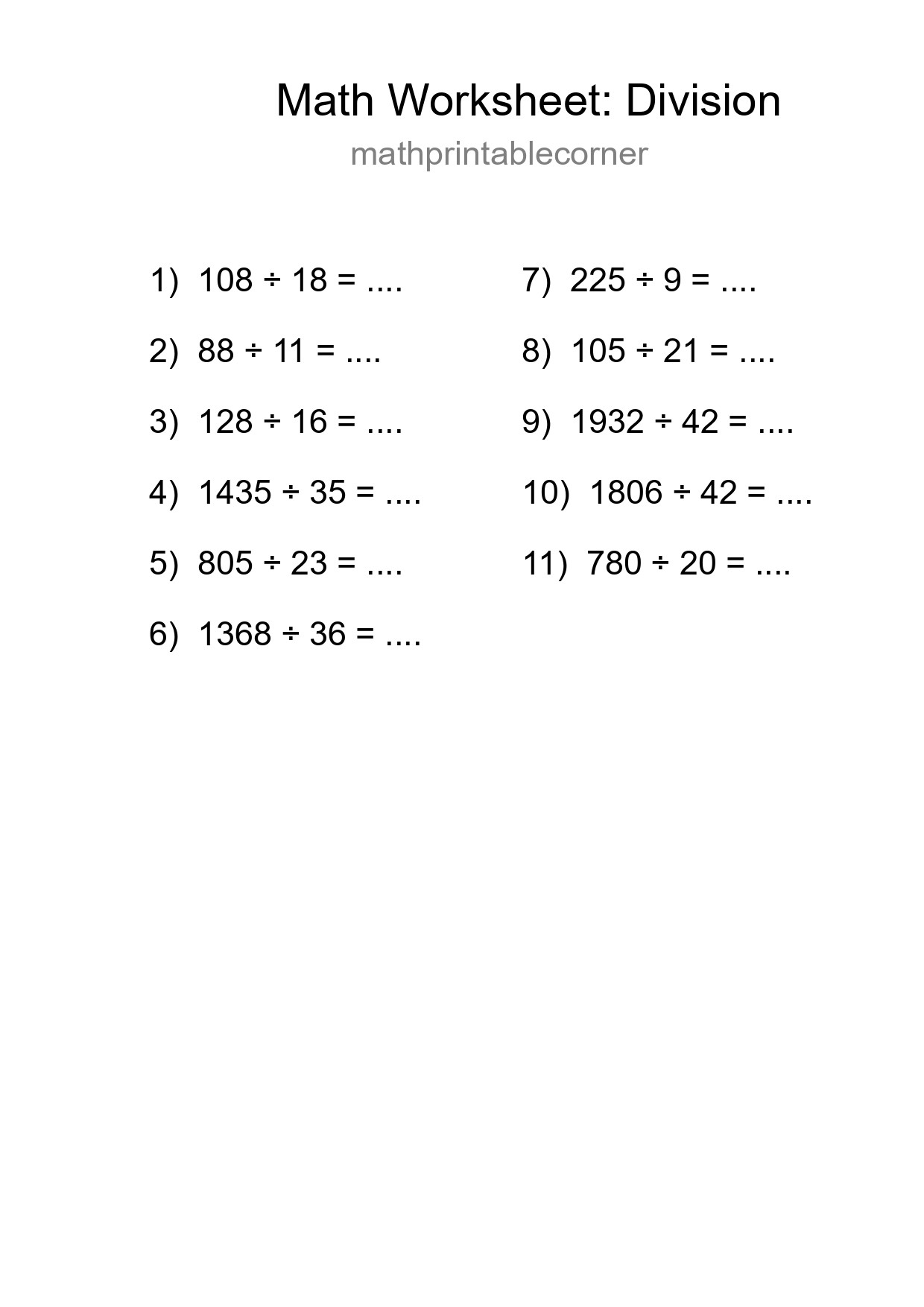 Grade 2 Division Practice Worksheet (11 Problems) - Part 81