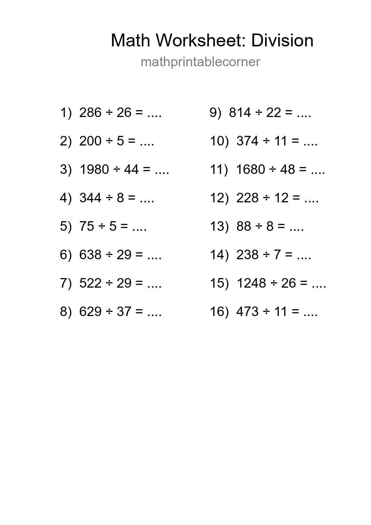 Grade 2 Division Practice Worksheet (16 Problems) - Part 48