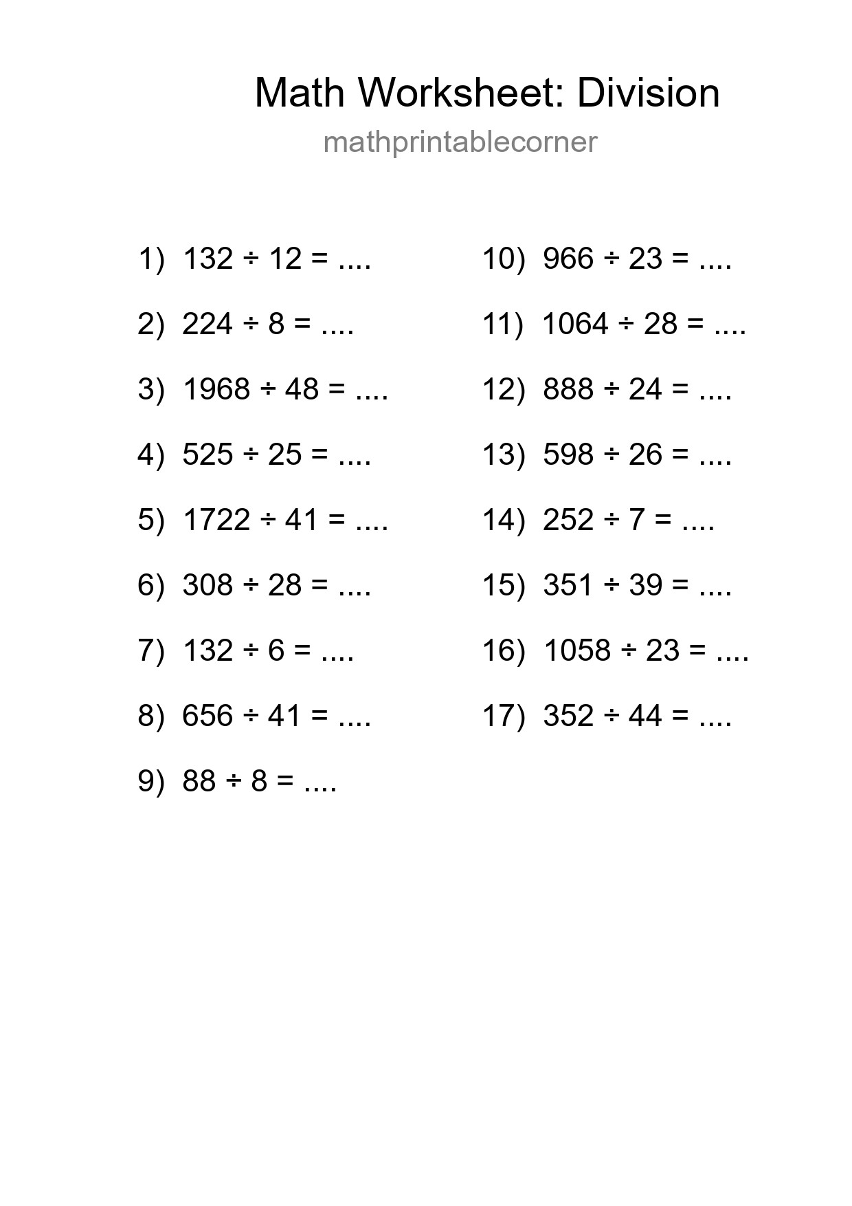 Grade 2 Division Practice Worksheet (17 Problems) - Part 290
