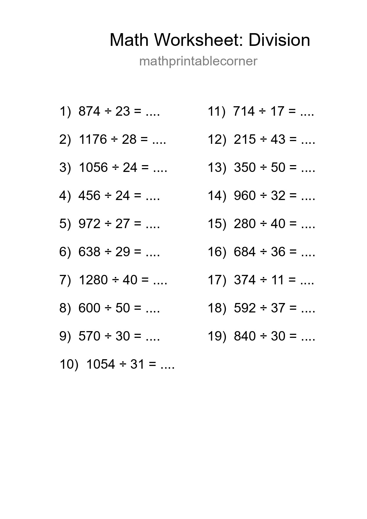 Grade 2 Division Practice Worksheet (19 Problems) - Part 4