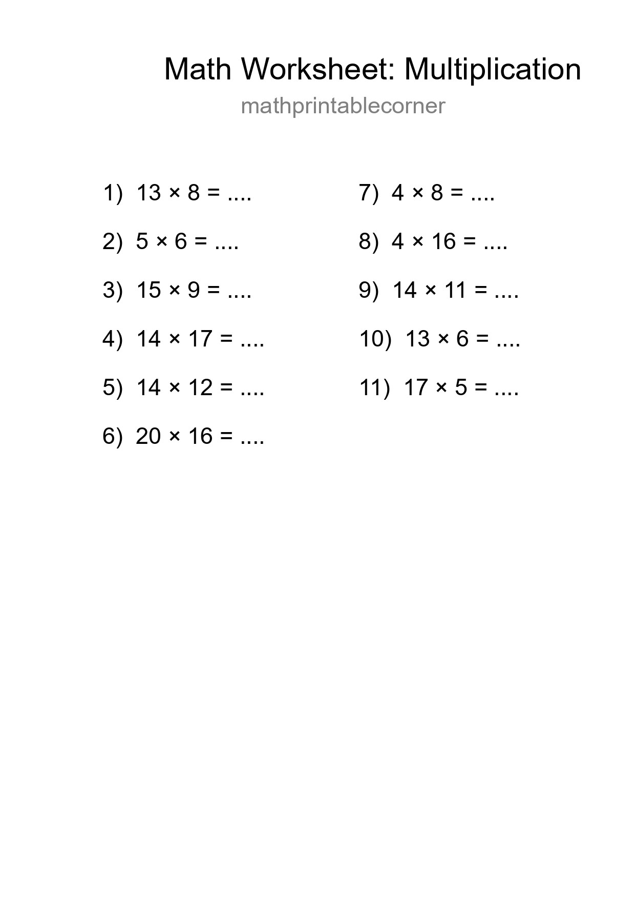 Grade 2 Multiplication Practice Worksheet (11 Problems) - Part 139