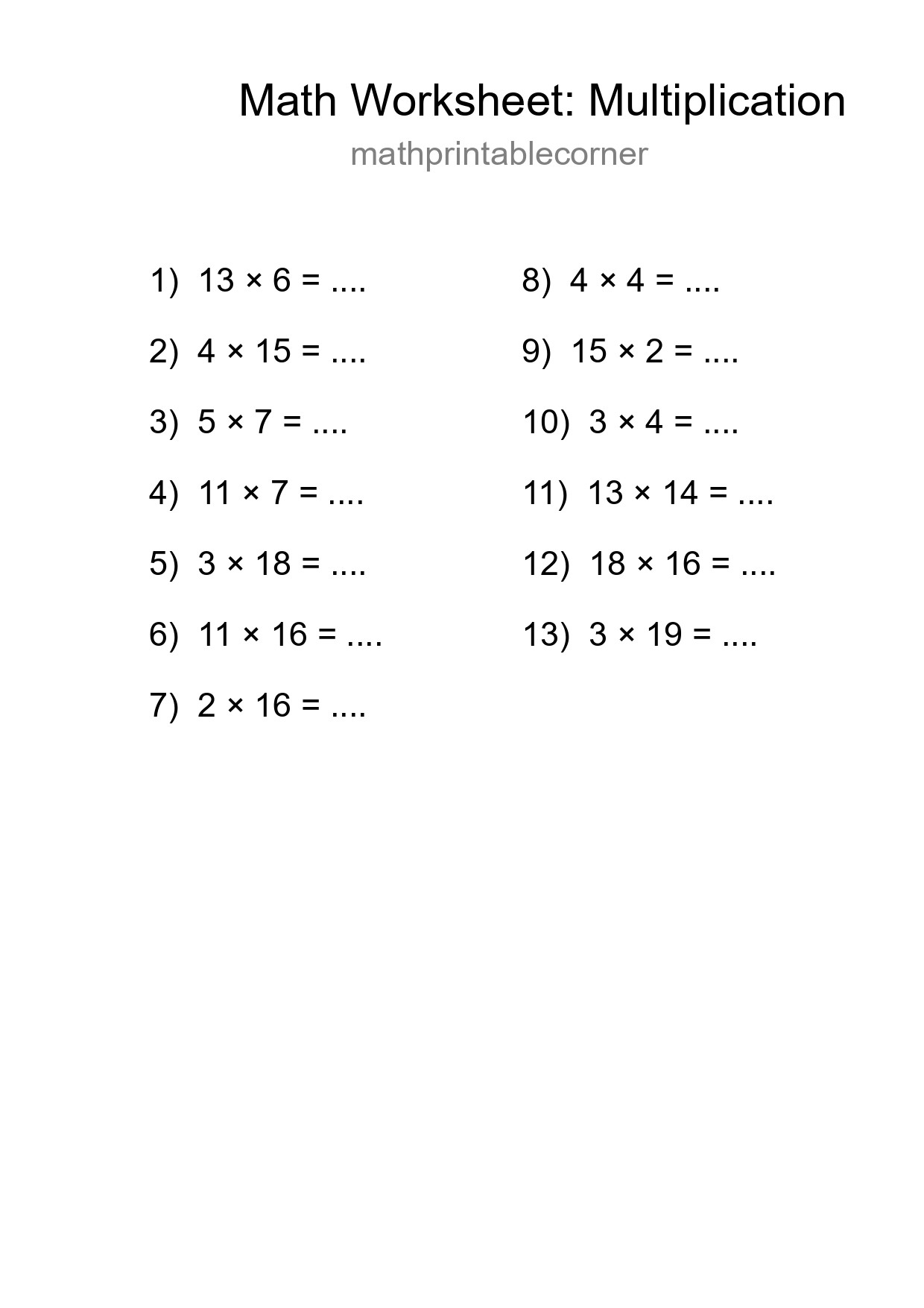 Grade 2 Multiplication Practice Worksheet (13 Problems) - Part 205