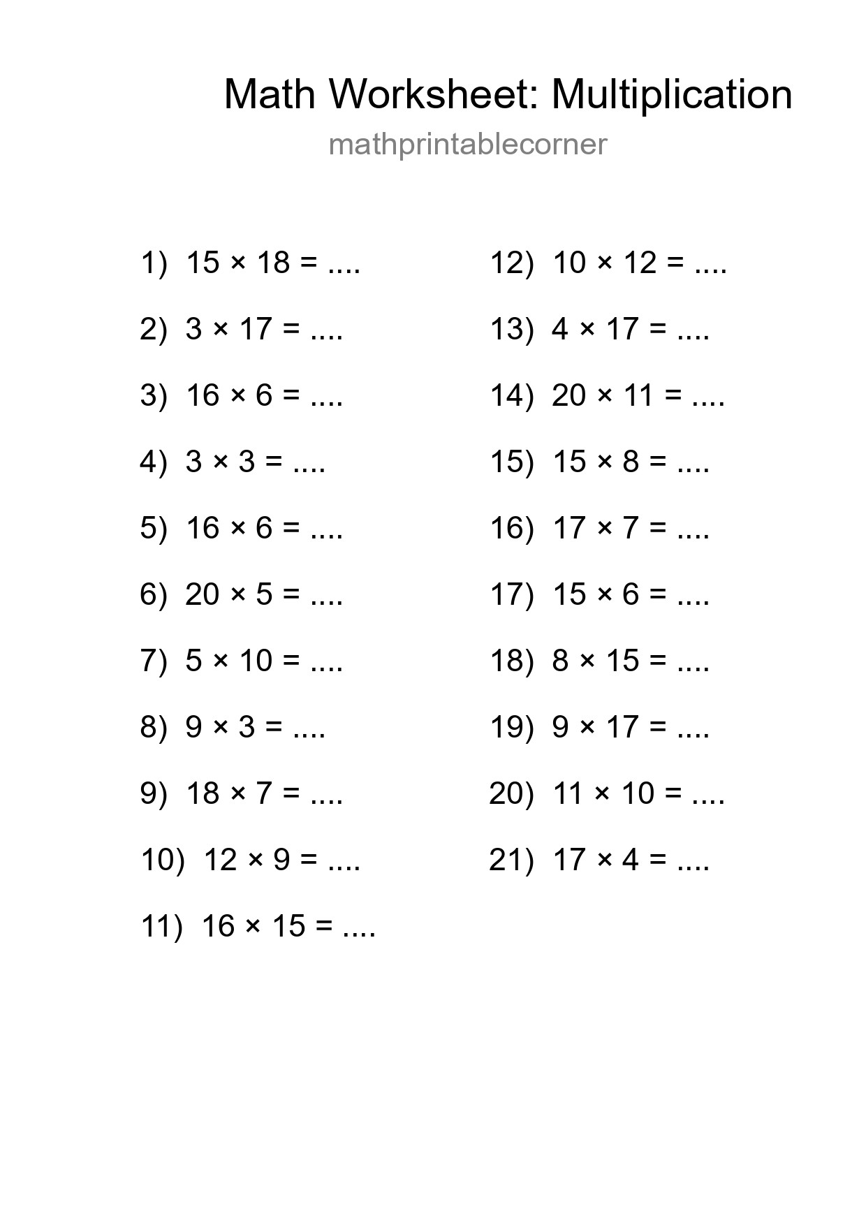 Grade 2 Multiplication Practice Worksheet (21 Problems) - Part 282