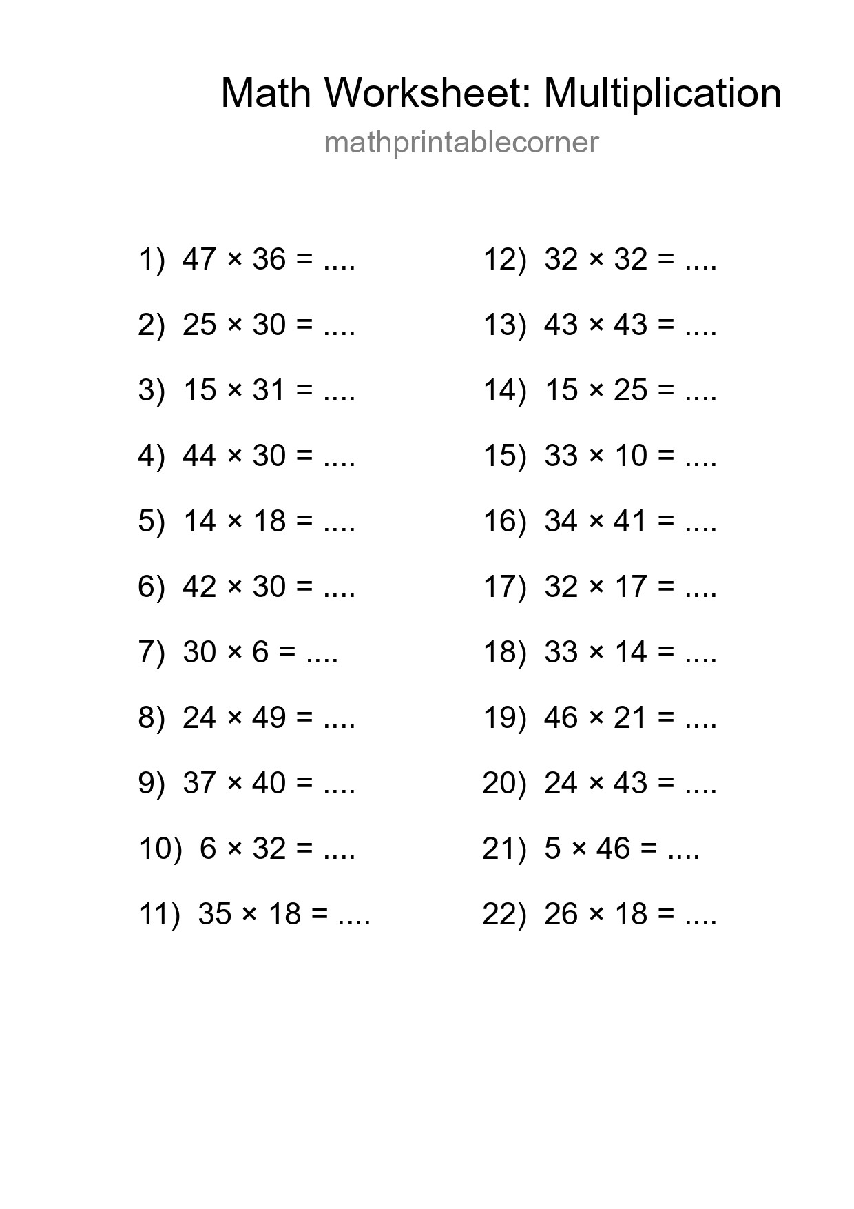 Grade 2 Multiplication Practice Worksheet (22 Problems) - Part 238