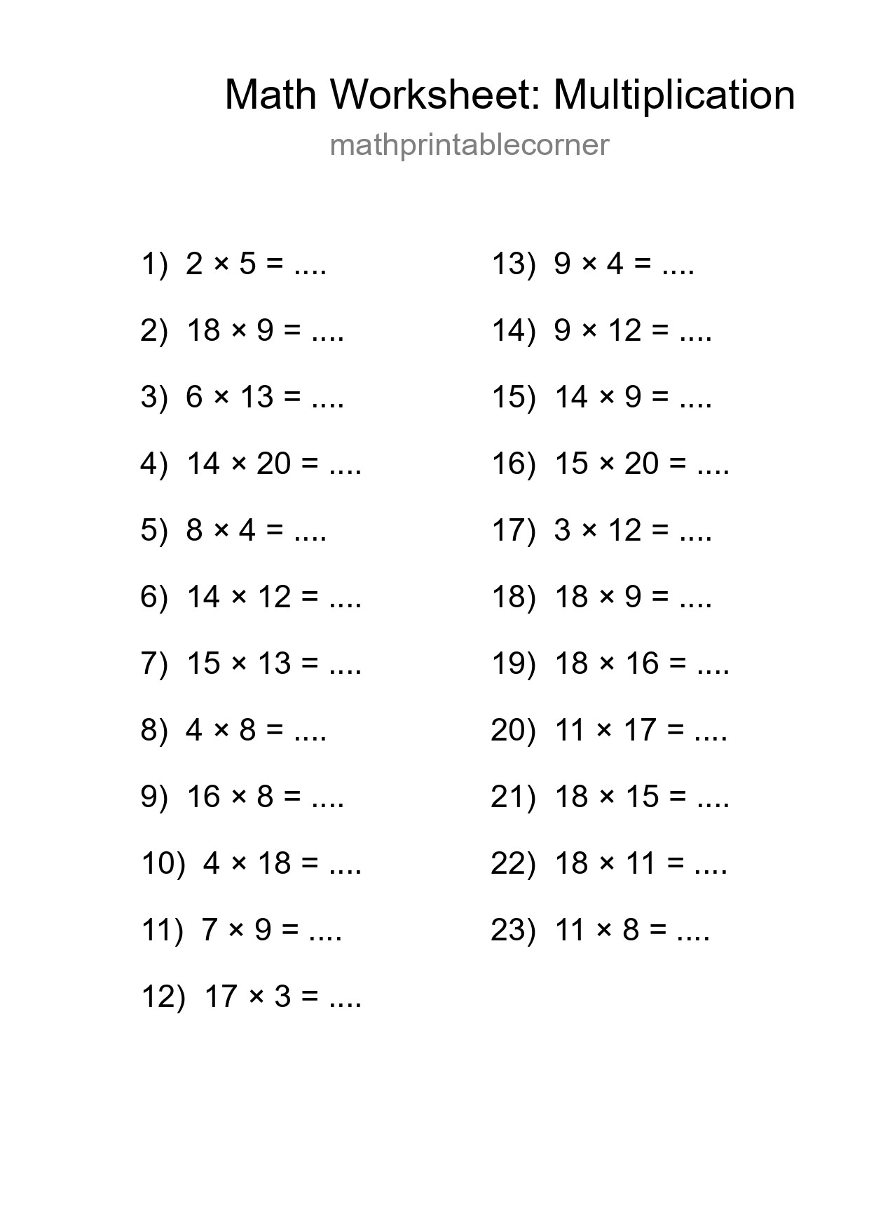 Grade 2 Multiplication Practice Worksheet (23 Problems) - Part 117