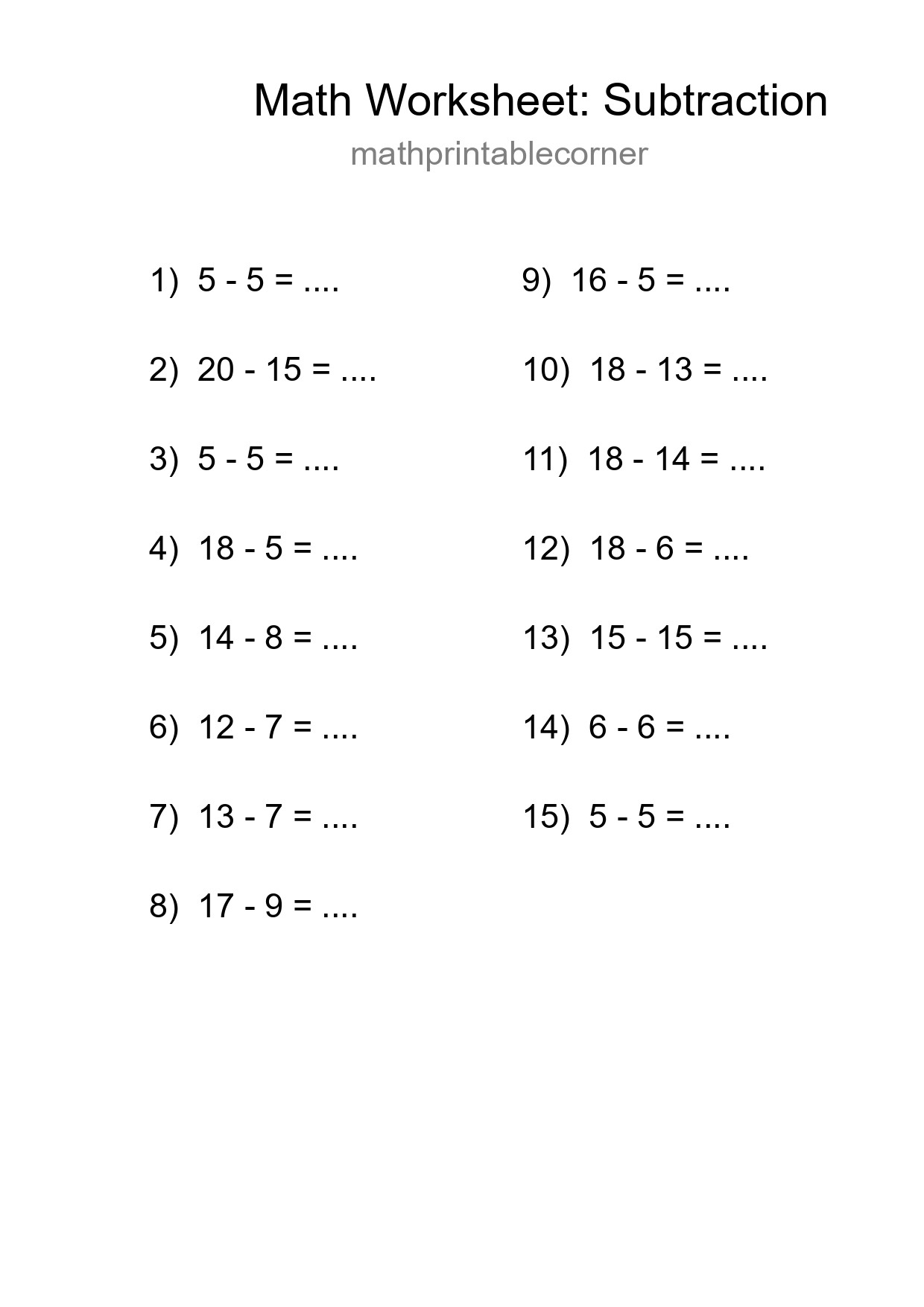 Grade 2 Subtraction Practice Worksheet (15 Problems) - Part 272