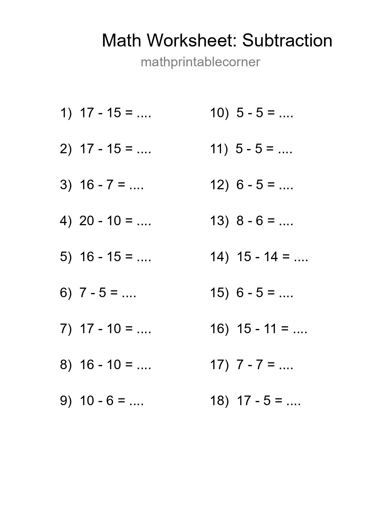 Grade 2 Subtraction Practice Worksheet (18 Problems) - Part 8