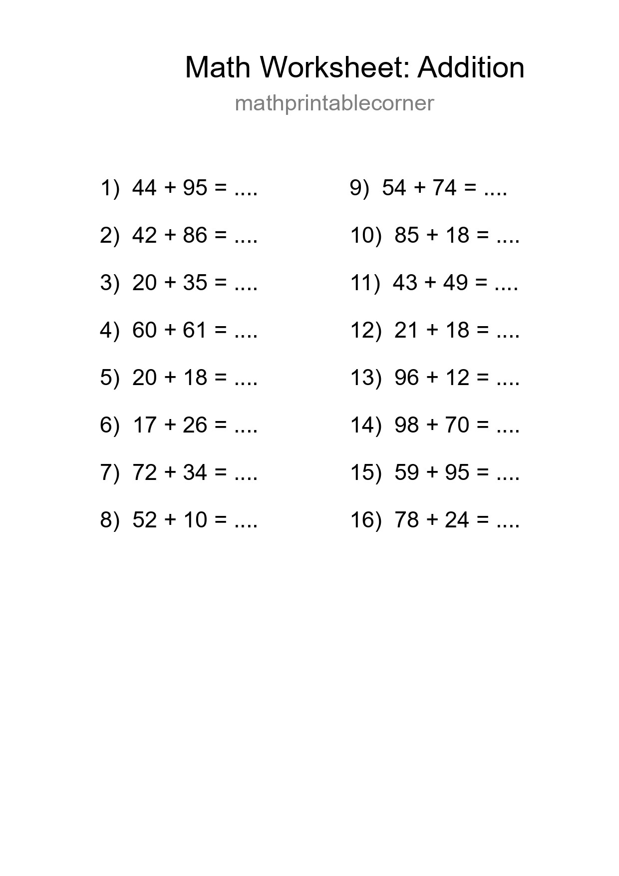 Grade 3 Addition Practice Worksheet (16 Problems) - Part 34