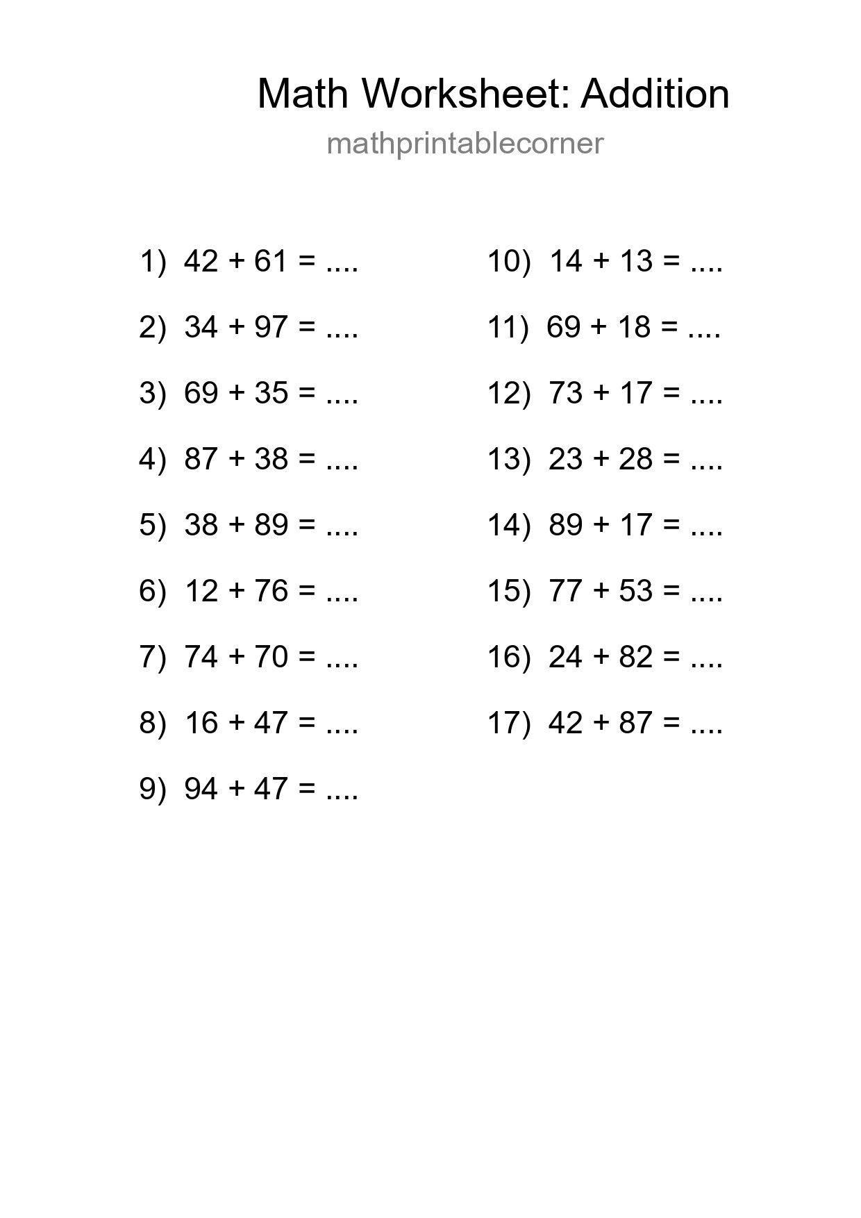 Grade 3 Addition Practice Worksheet (17 Problems) - Part 155
