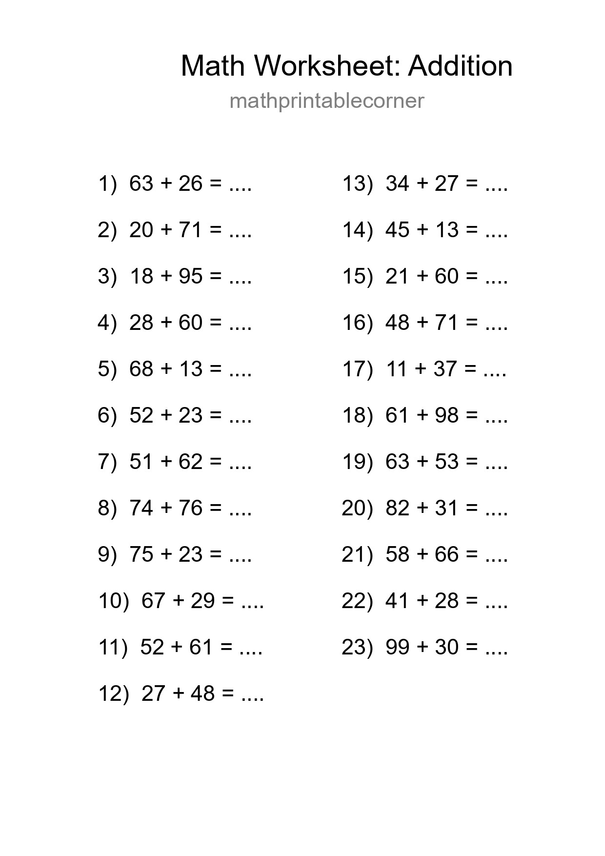 Grade 3 Addition Practice Worksheet (23 Problems) - Part 232