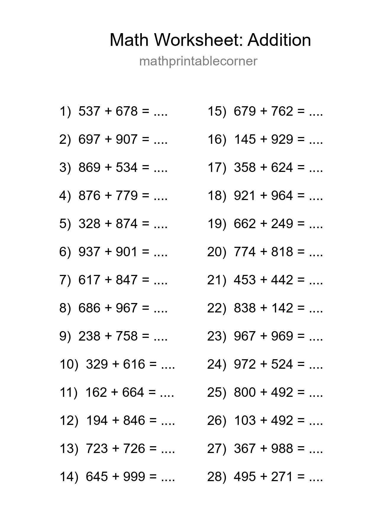 Grade 5 Addition Practice Worksheet (28 Problems) - Part 56