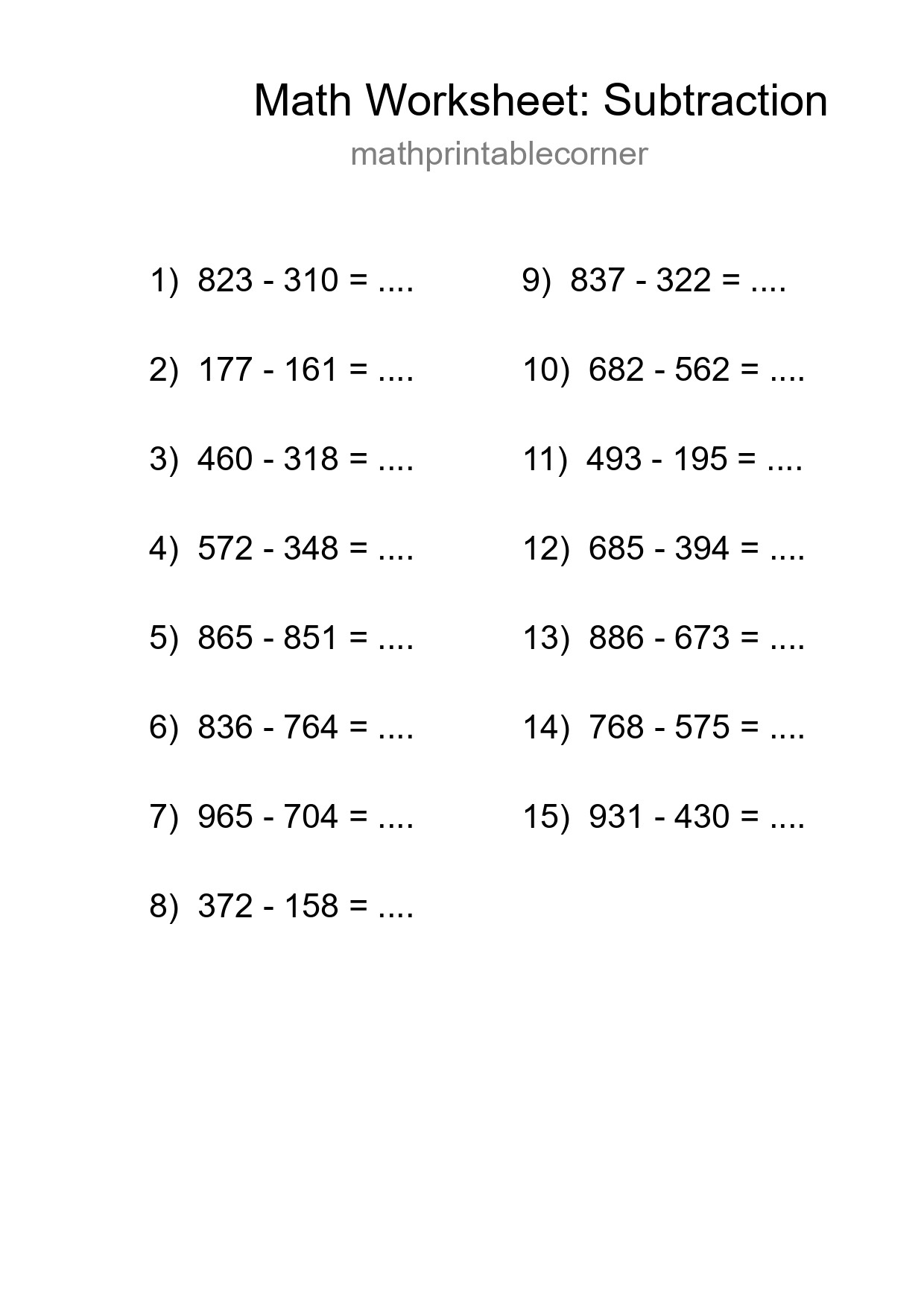 Grade 5 Subtraction Practice Worksheet (15 Problems) - Part 283