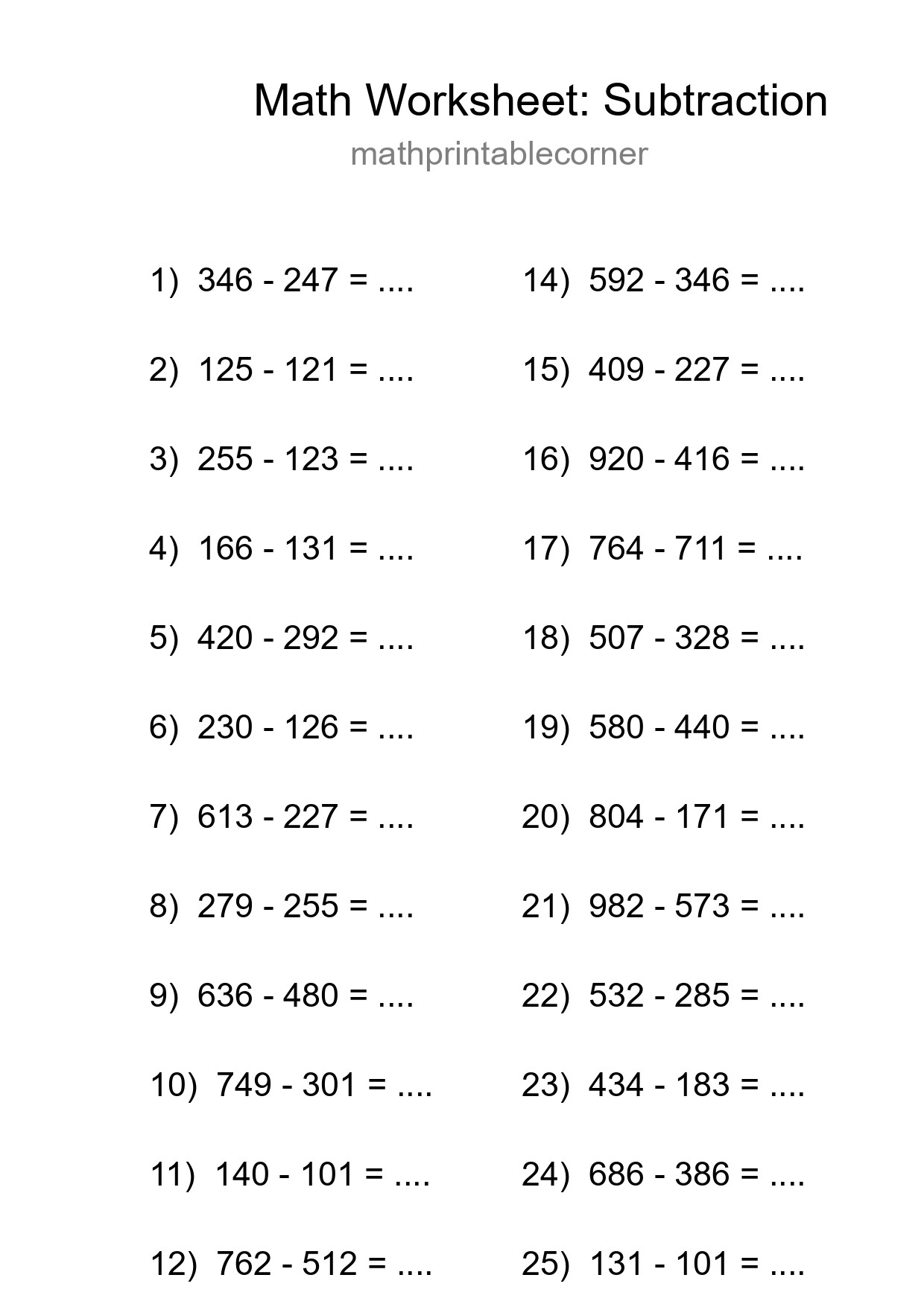 Grade 5 Subtraction Practice Worksheet (25 Problems) - Part 118