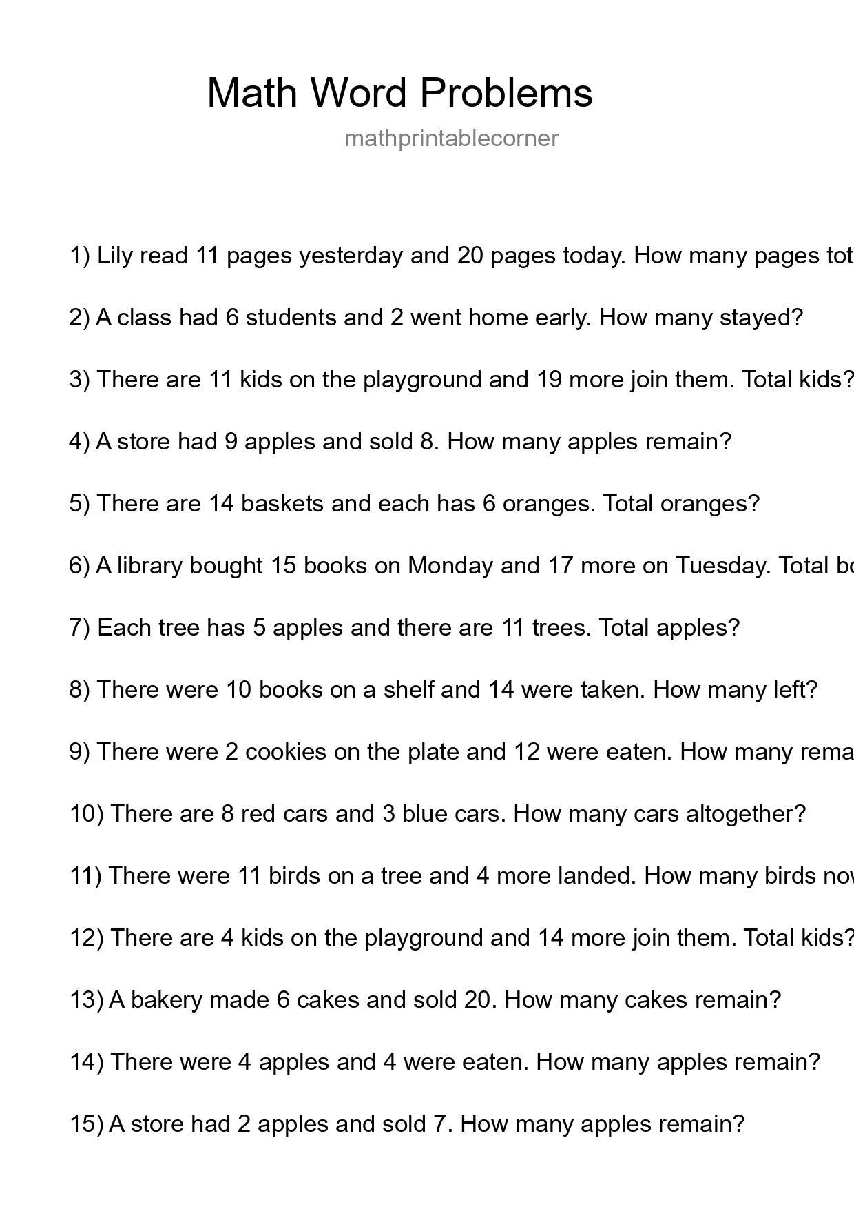 Math Word Problem Worksheet