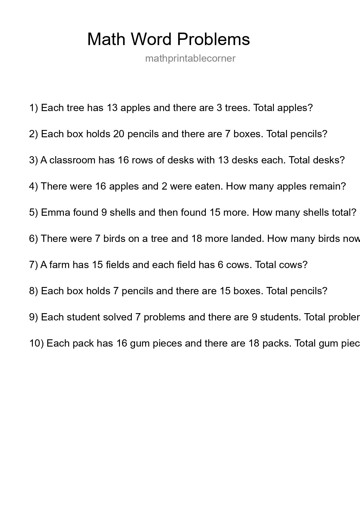 Math Word Problem Worksheet