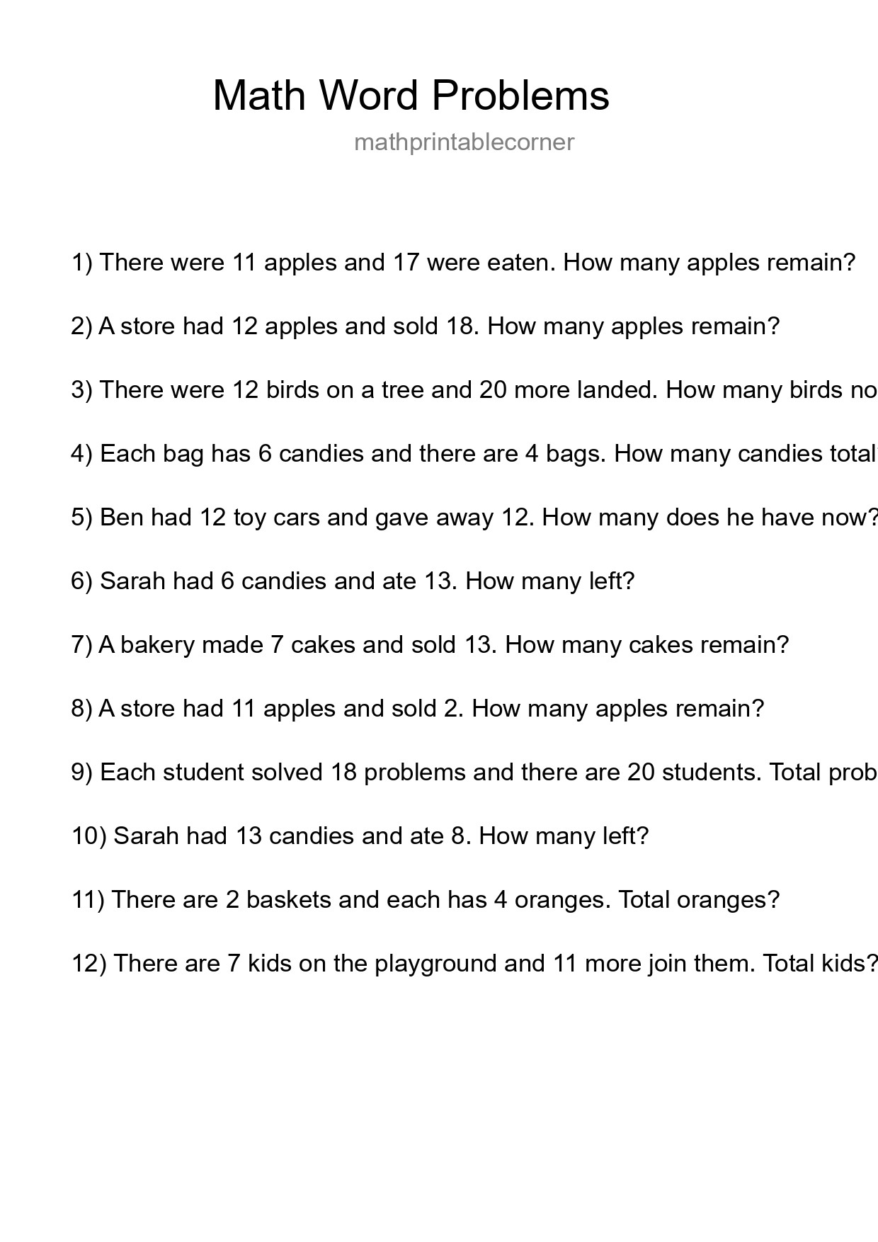 Math Word Problem Worksheet