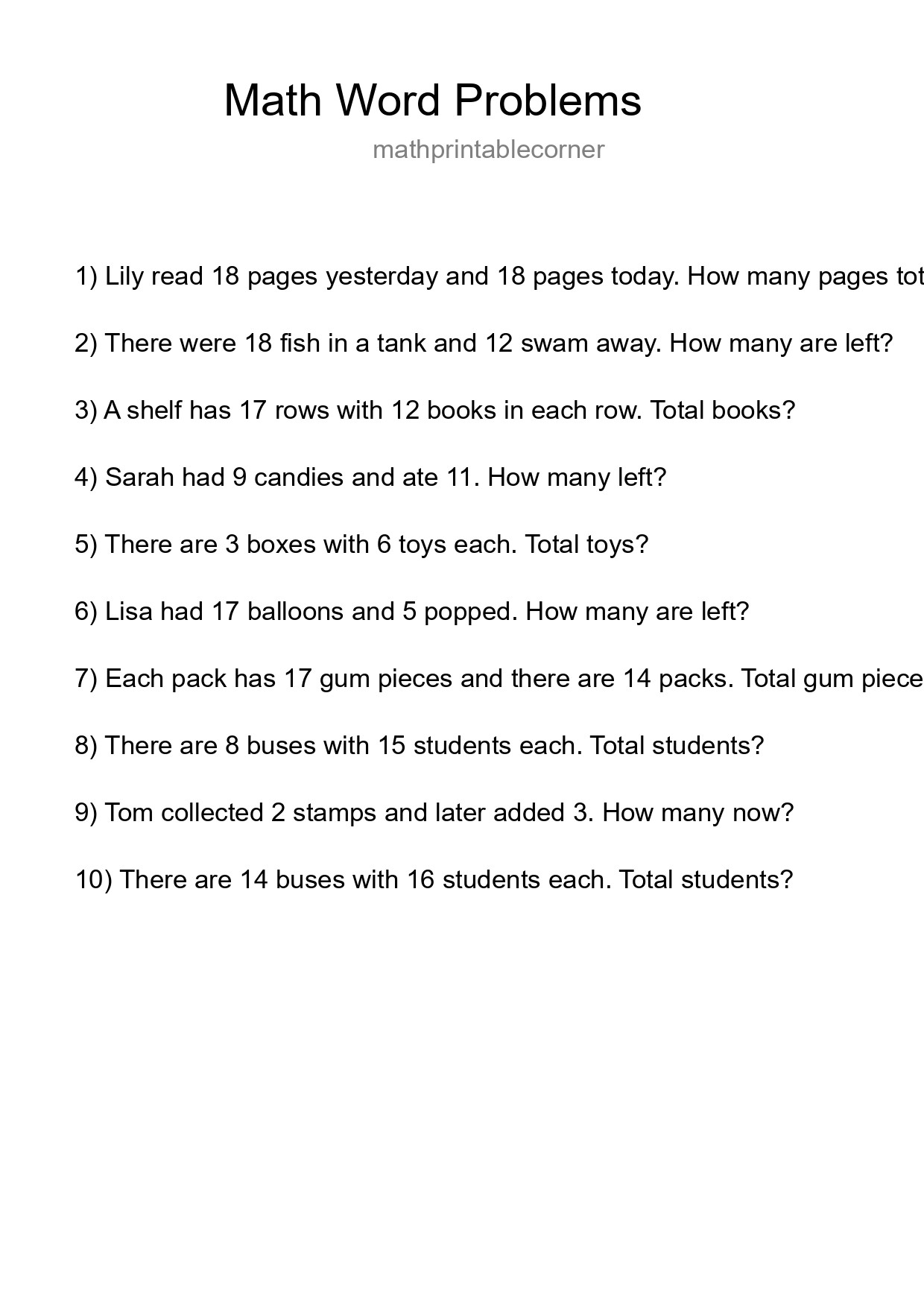 Math Word Problem Worksheet