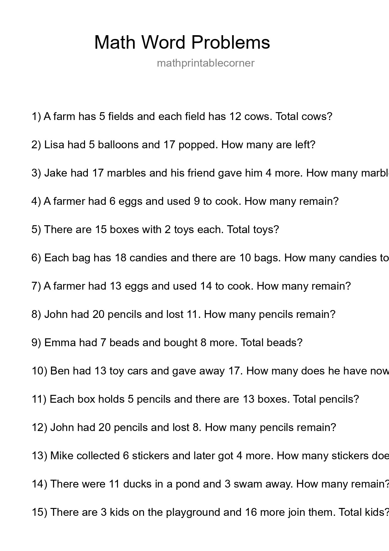 Math Word Problem Worksheet