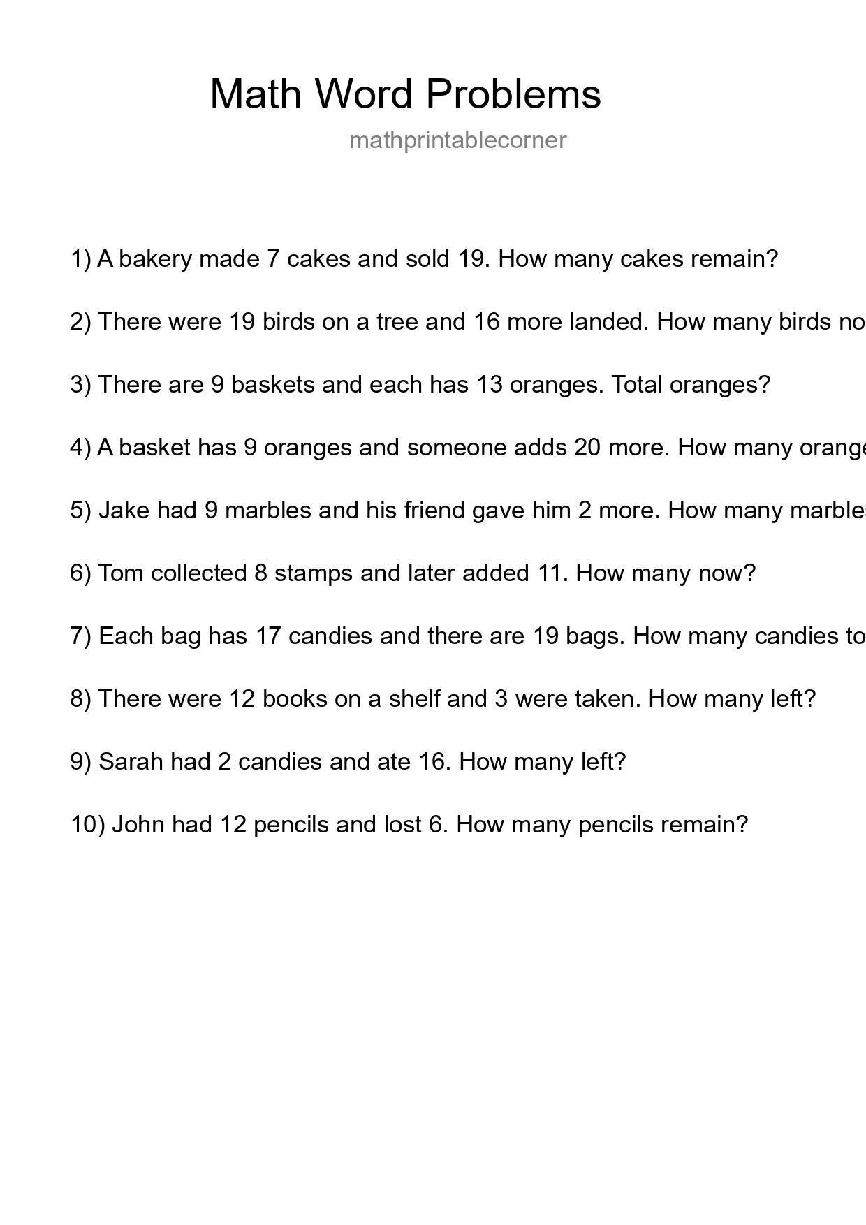 Math Word Problem Worksheet